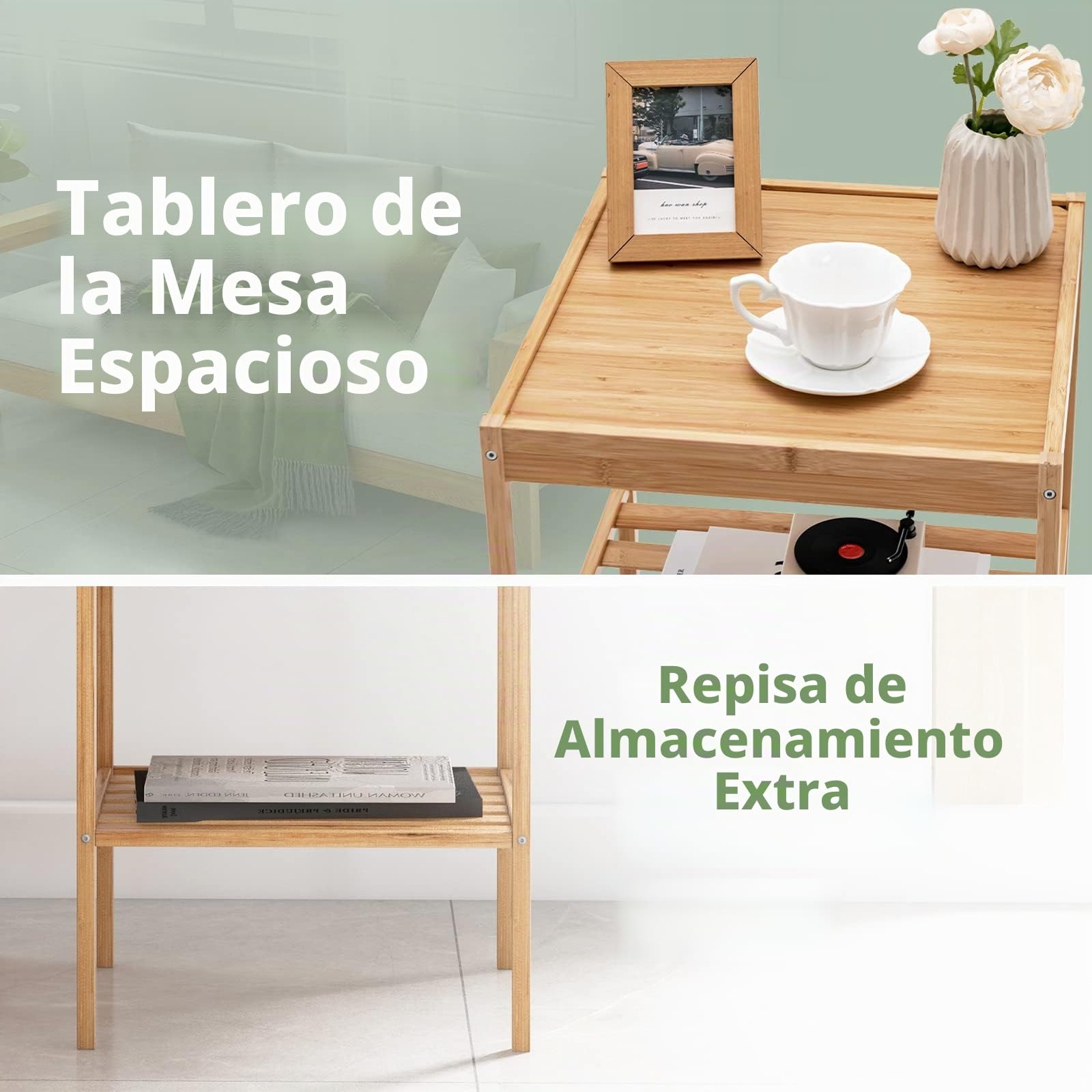LIFEZEAL Mesas Auxiliares de Bambú de 2 Niveles