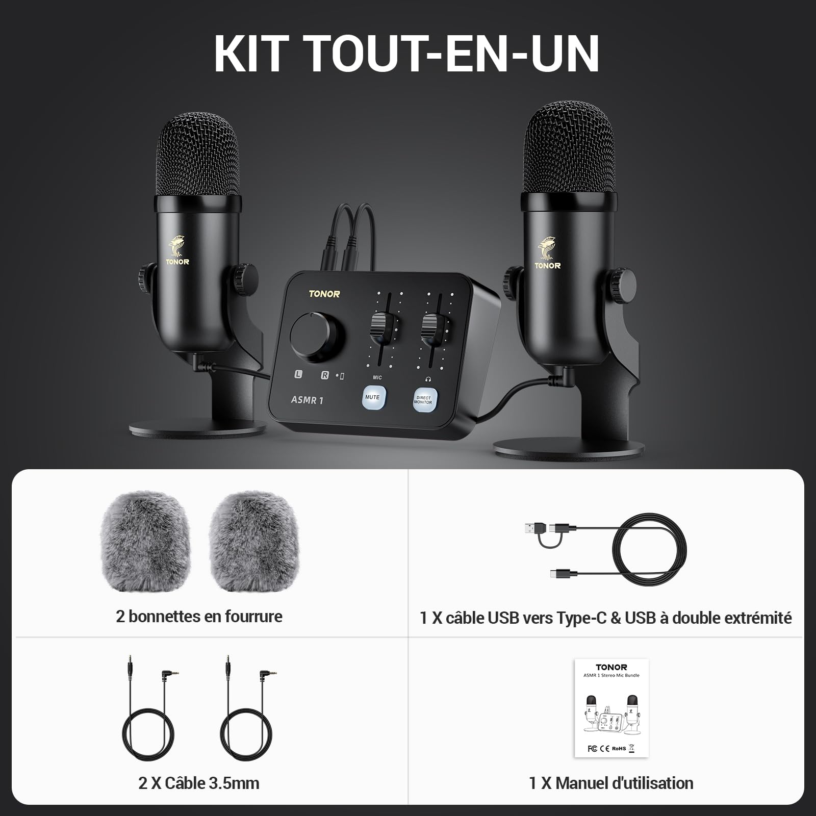 TONOR Ensemble D'équipements Micro ASMR, Microphone à Double Condensateur avec Interface Audio, Audio 3D Immersif, Son Clair, Contrôle du Volume, Kit pour ASMR, Podcast, Enregistrement, Noir