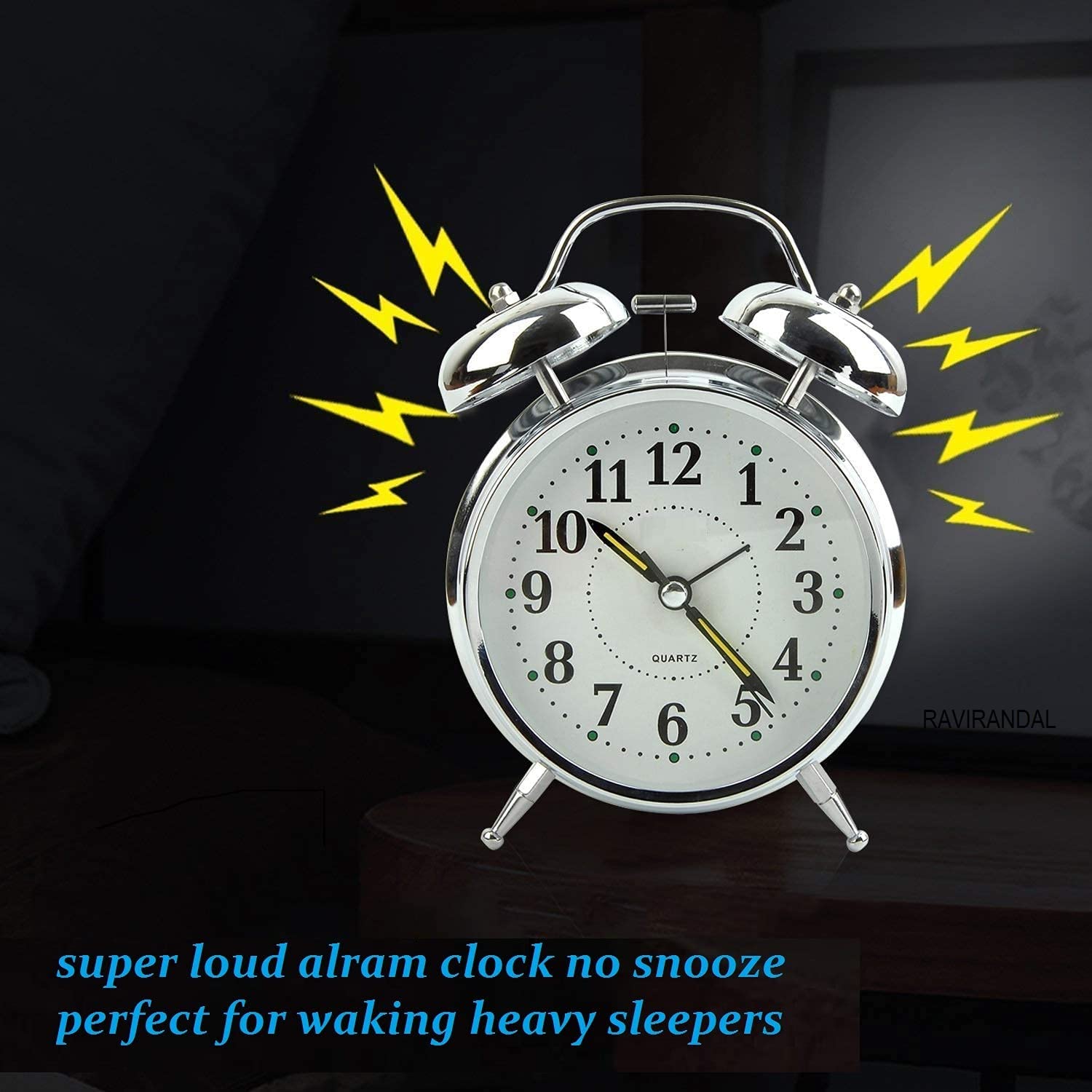 RAVIRANDAL Brass Vintage Twin Bell Table Top Alarm Clock with Night Led Light Display Alarm Clock for Bedroom Heavy Sleepers Kids and Students (Silver) 3