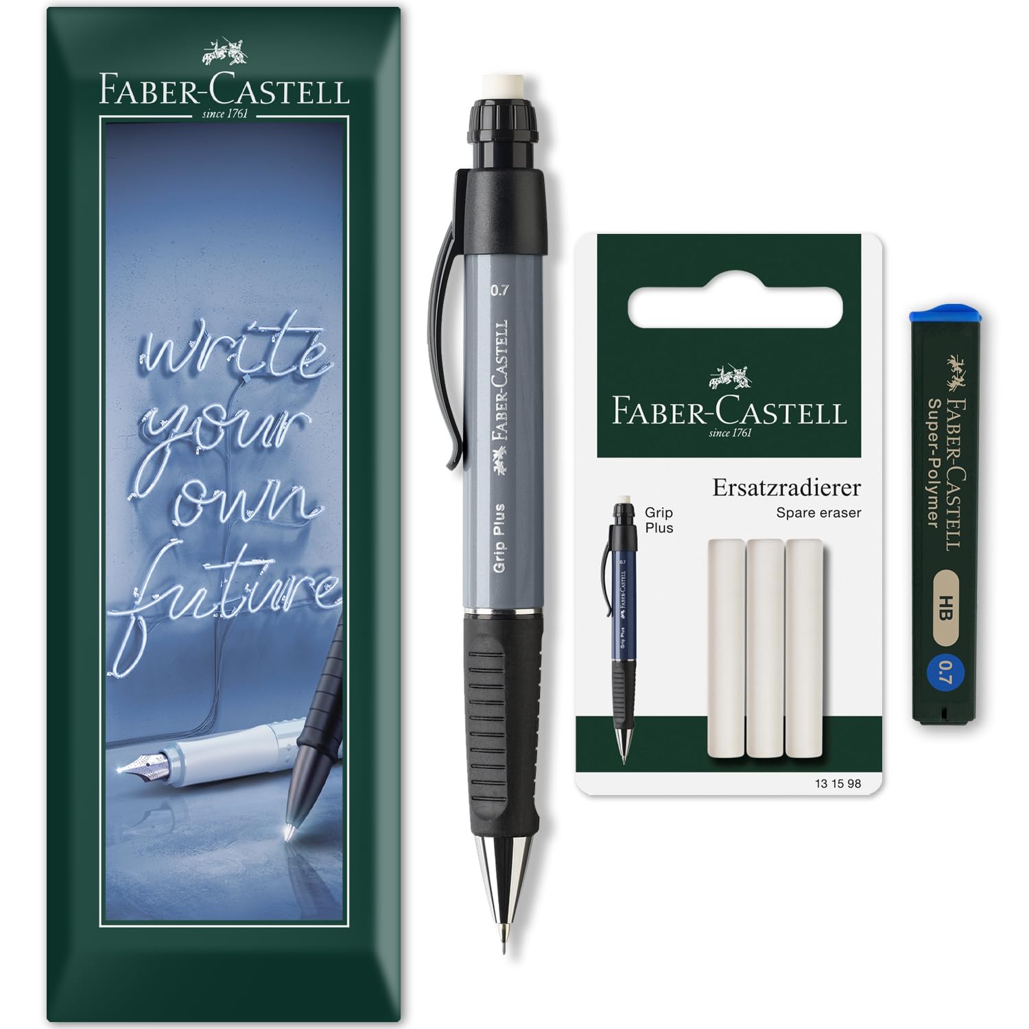 Faber-Castell Grip Plus Mechanical Pencil + 12 x 0.7mm HB Refill Leads + Eraser Refills in Envelope Packaging - Stone Grey Barrel