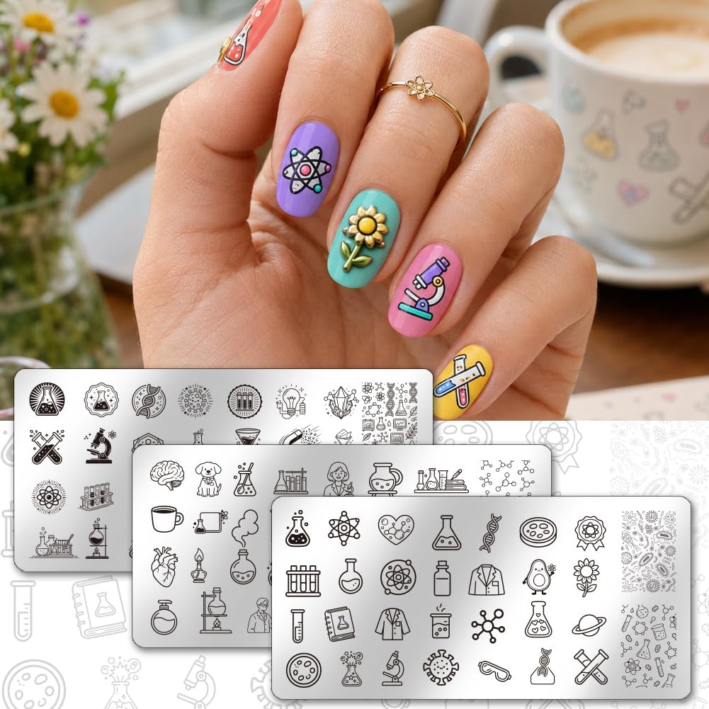 PH PandaHall 3pcs Scientific Experiment Nail Stamping Plates Laboratory Equipment Nail Art Templates Chemistry Nails Art Stencils Tubes Nails Image Plates for Women Manicures Salon Design
