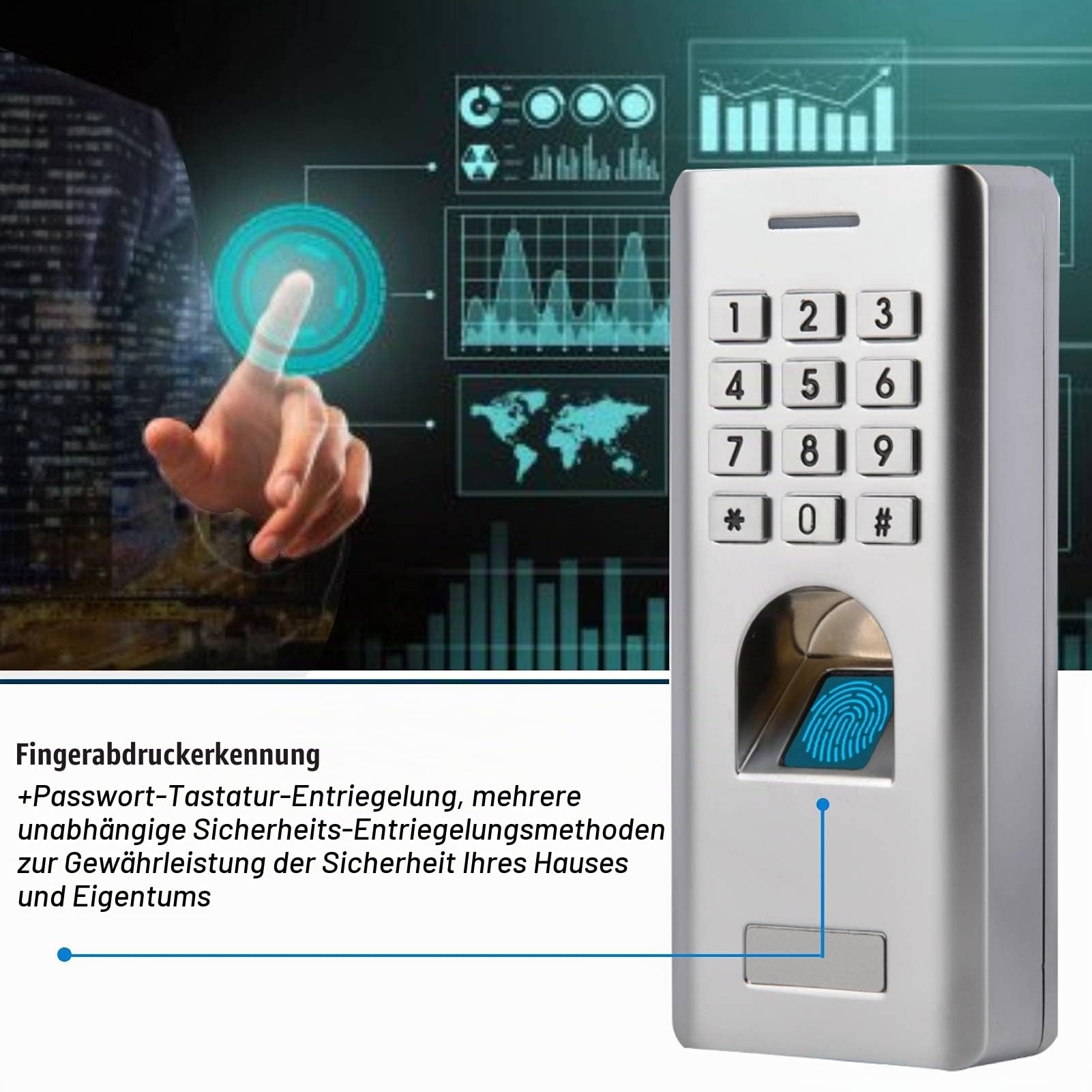 Fingerabdruck Zugangskontrolle, Metall Fingerprint Codeschloss Zutrittskontrolle mit IP66 Wasserdichte/Numerische Tastatur, intelligent Zugangssystem Türöffner für Home Sicherheit