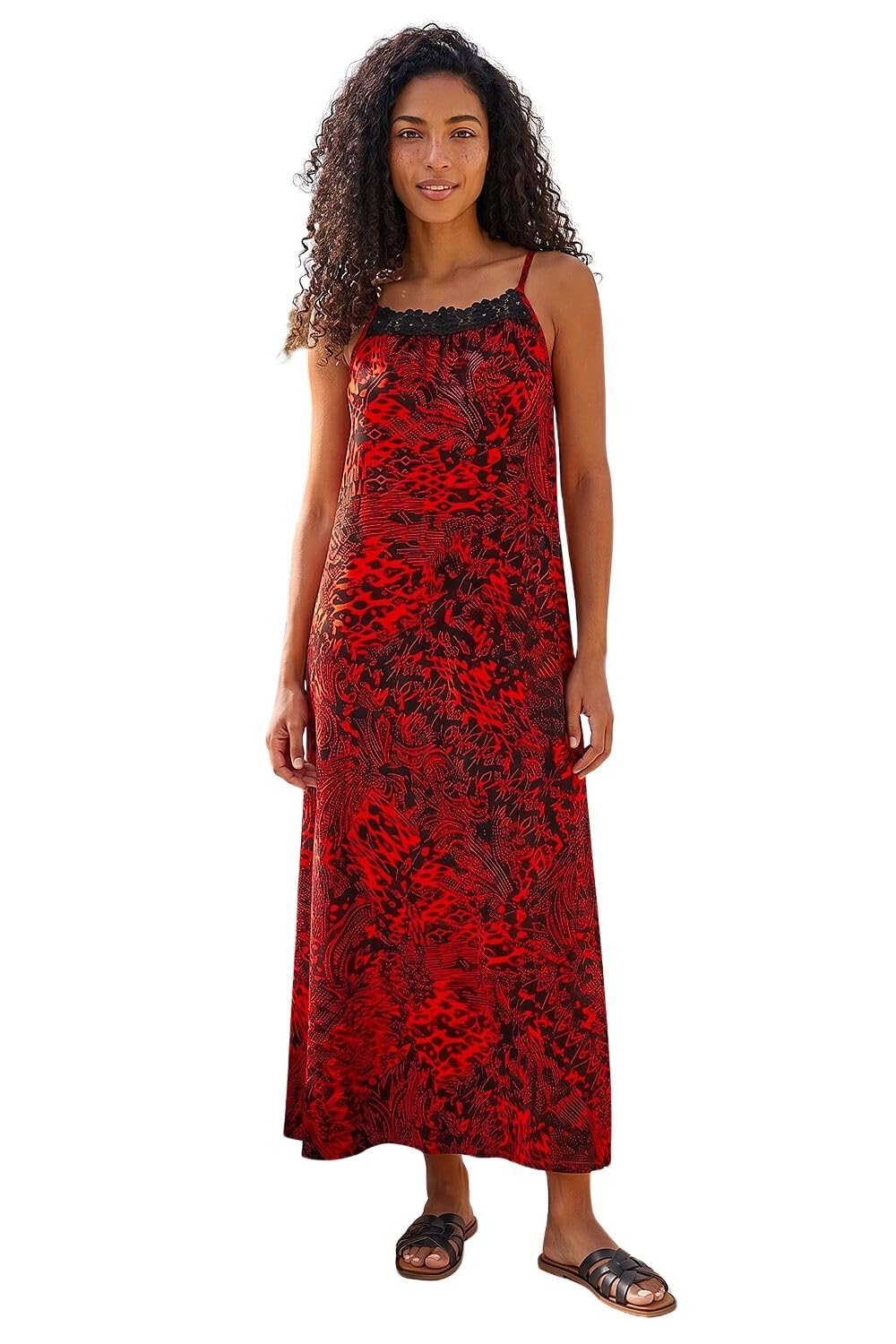 Roman Abstract Print Trim Detail Midi Dress for Women UK Ladies Spring Everyday Summer Holiday Square Neckline Comfy Sleeveless Soft A-Line Frock Beach Vacation - Red - Size 20