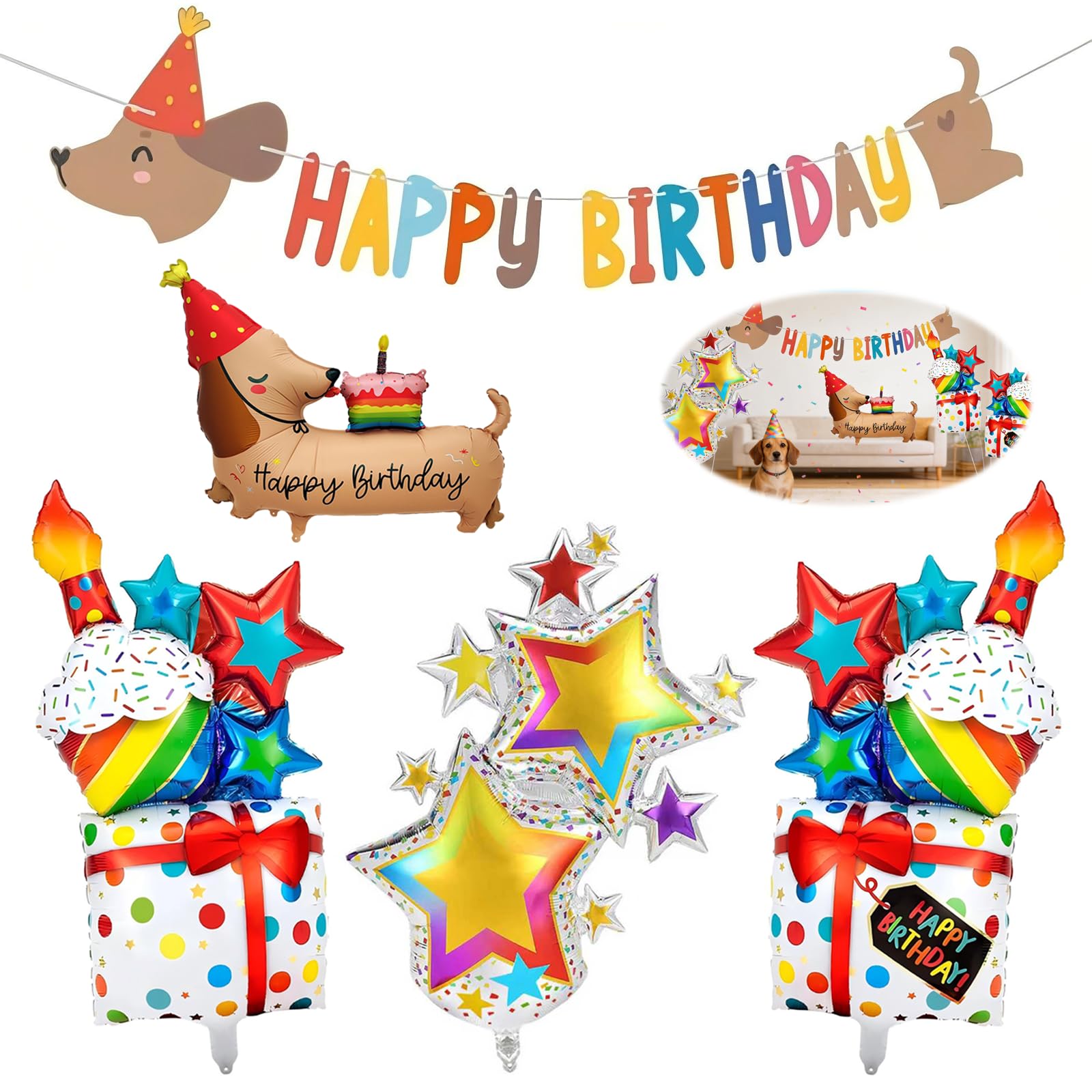 LEBKFT Dachshund Birthday Decorations Set, Happy Birthday Banner & Dachshund Dog Foil Balloons Cake & Star Balloons for Puppy Themed Party Dog Lovers Kids Birthday Party Supplies