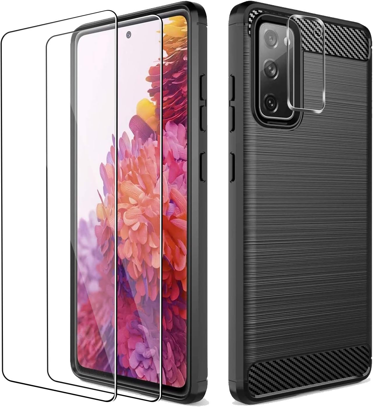 PULEN for Samsung Galaxy S20 FE 5G Case with 2 Pack Screen Protector and 1 Pack Camera Screen Protector,Shock Resistant Brushed Flexible Soft TPU Bumper and Carbon Fiber Cover Phone Protective (Black)