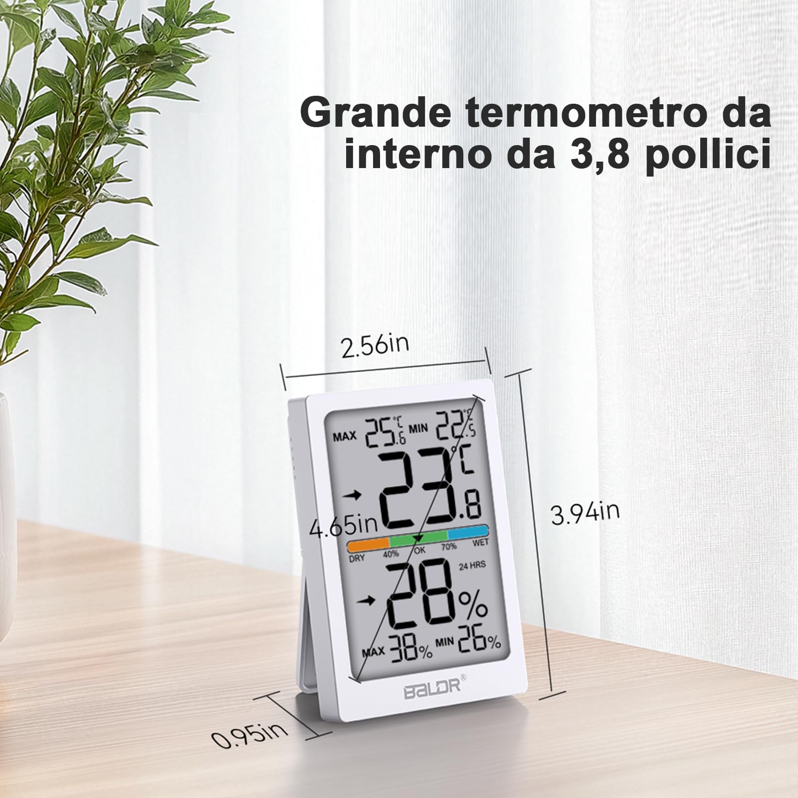 Termo-igrometro digitale per interni con grande schermo LCD, registrazione dei valori max./min., monitoraggio della temperatura e dell'umidità, commutazione °C/°F, indicatore di comfort