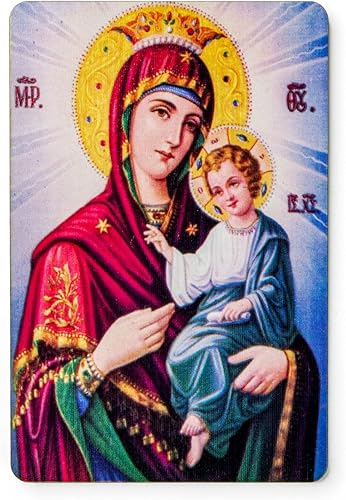 Virgen María con corona imán de icono católico de madera con soporte imán de refrigerador religioso ortodoxo con soporte de caballete de plástico