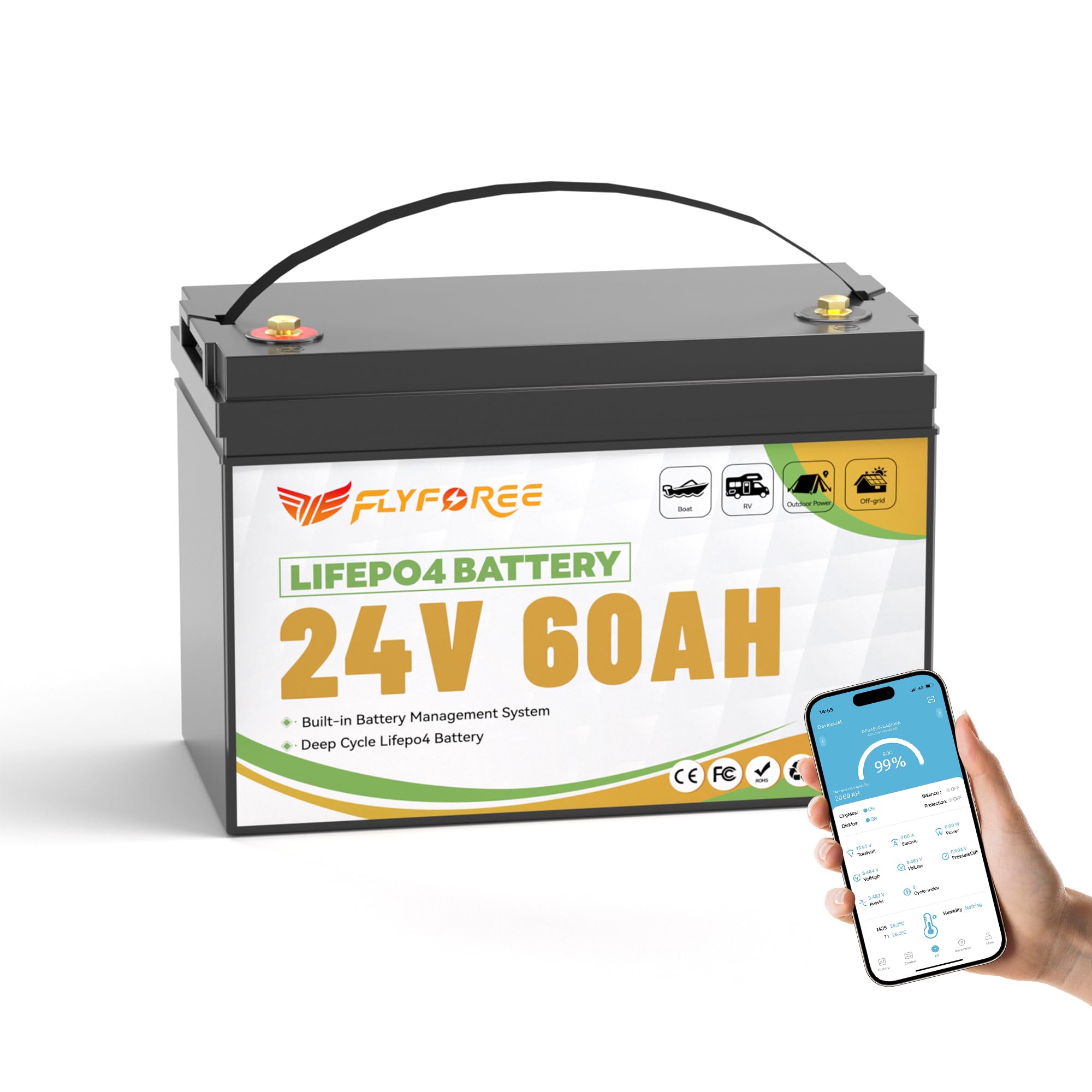 Batterie LiFePO4 24V 60Ah BMS Bluetooth intégré et cellules de grade A, batterie de lithium de cycles profonds de 17500 batteries rechargeables faciles pour RV, bateau, solaire, voiture de golf