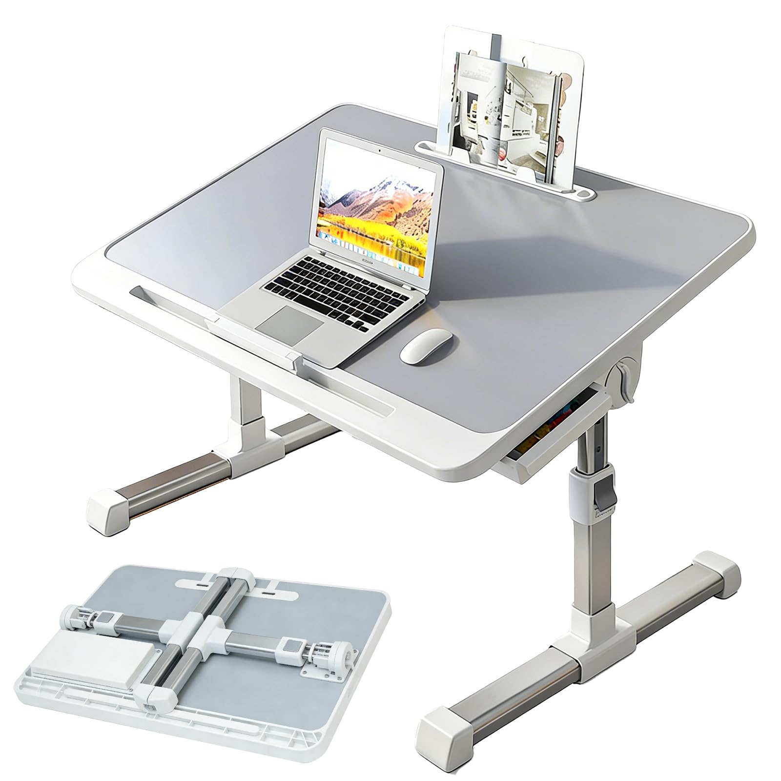 「Forelsket」折りたたみテーブル ミニテーブル ベッドテーブル 膝上 一人暮らし 机 ローテーブル 折り畳み 小型 高さ調整 引き出し収納&本立て付き 表面PVC加工 ベッド机 小さい 寝ながらパソコン 食事 勉強 オフィス 製図（グレー,60*40,高さ27~40cm）
