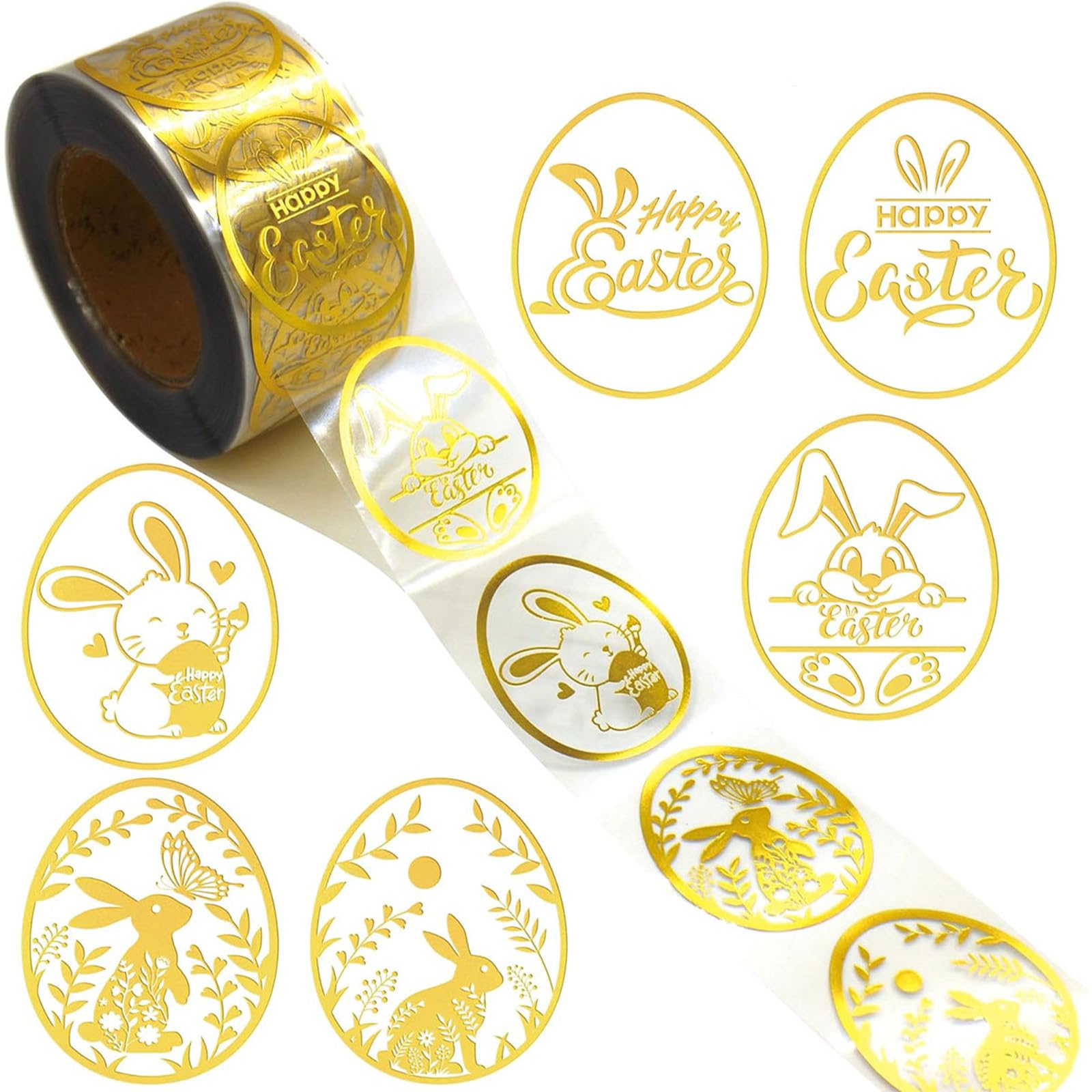Tingliyi 500 Pcs Easter Stickers, 2.5cm/1 Inch Waterproof Gold Foil Shiny Designs, Happy Easter Stickers with Bunny, for Easter Crafts, Cards, Gift Bags, Envelopes, Party Decorations