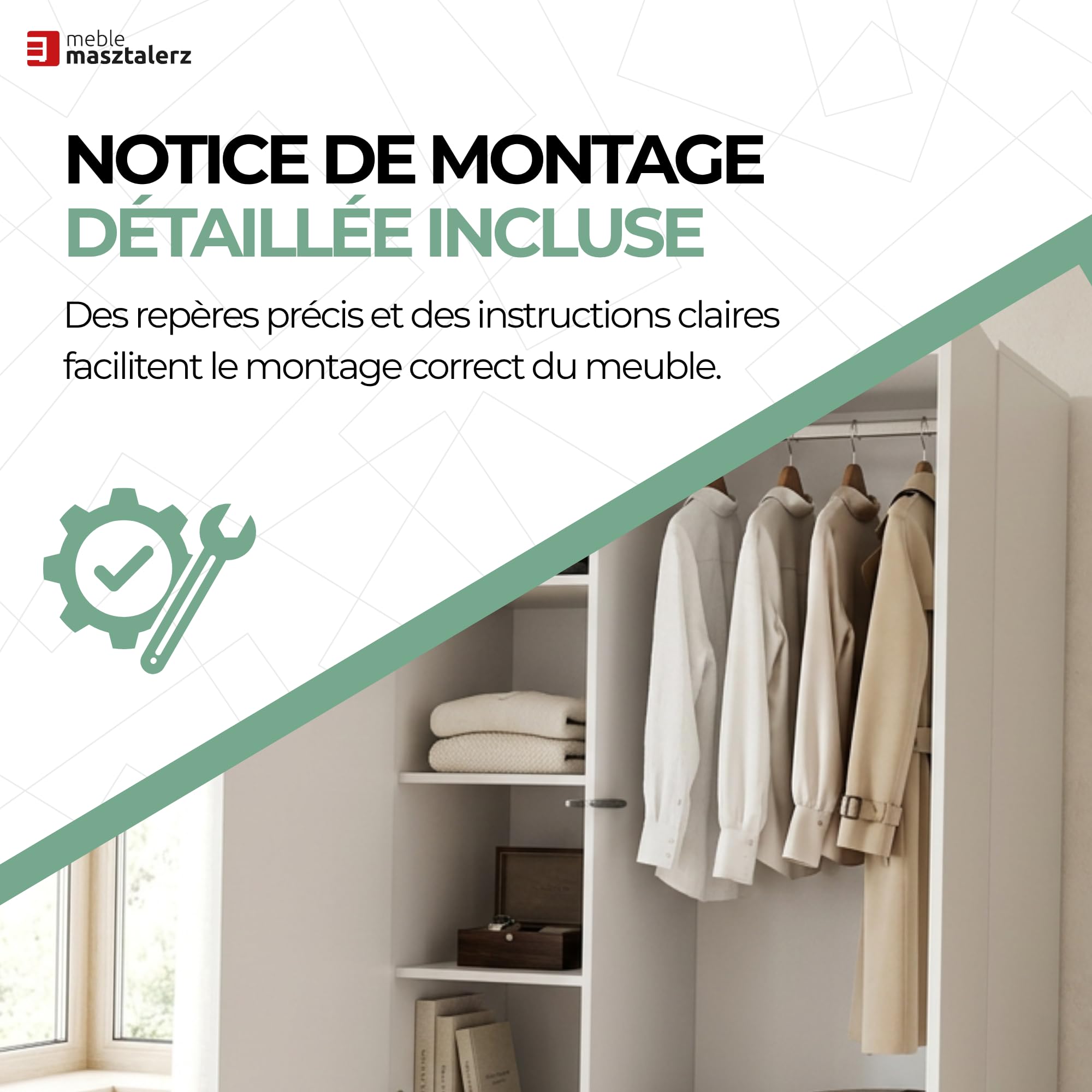 meble masztalerz Armoire Chambre avec 2 Tiroirs Largeur 90 cm - Penderie Vetement Dressing - Dressing Chambre Adulte - Meuble de Rangement Chambre - Blanc - 180x90x50 cm