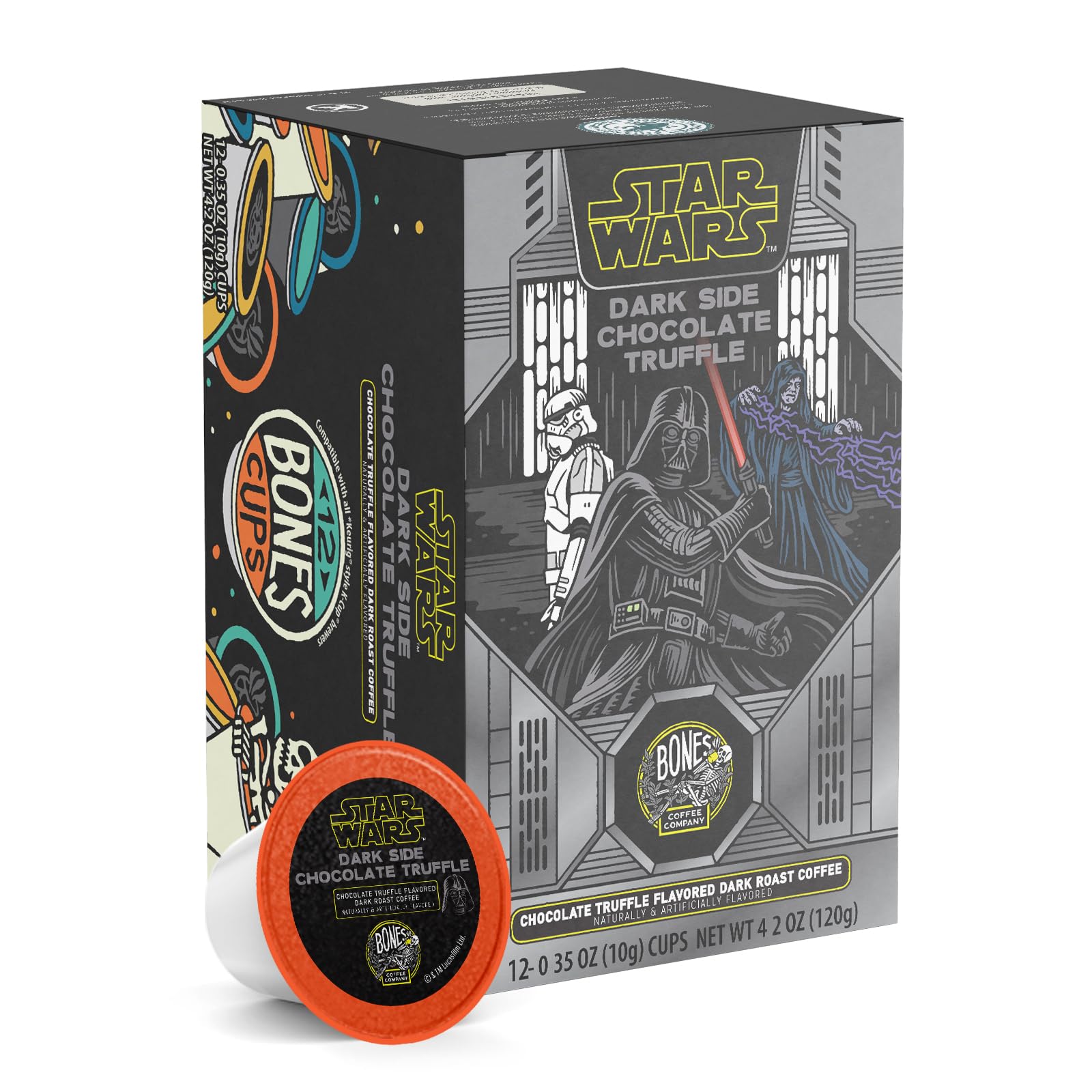 Bones Coffee Company Star Wars Dark Side, Chocolate Truffle Flavored Coffee Pods, Low Acid Medium Roast Single-Serve Bones Cups, Compatible with 1.0 & 2.0 Capsule Brewers Coffee Maker, 12 Count