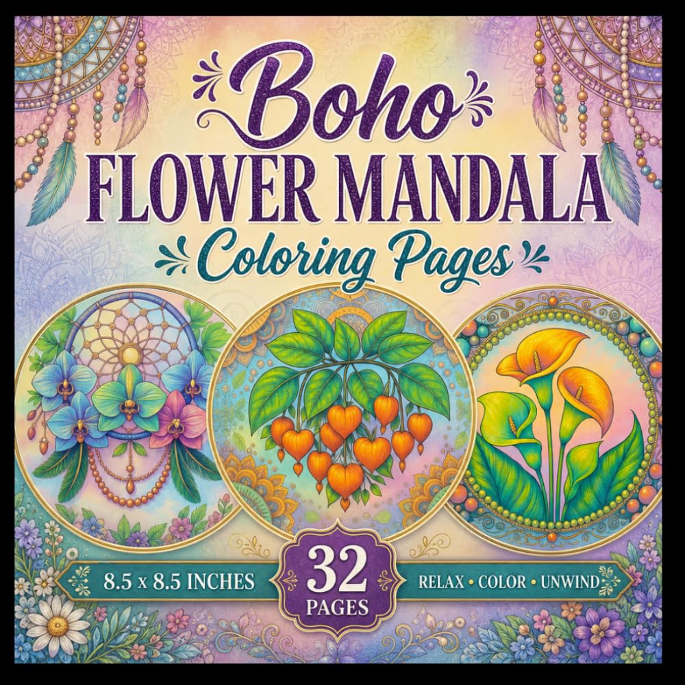 Boho and Mandala Flowers Coloring Book For Adults & Teens: 32 Grayscale Floral Designs for Adults Featuring Boho Art, Mandala Patterns, Botanical Flowers, Relaxation and Stress Relief Coloring
