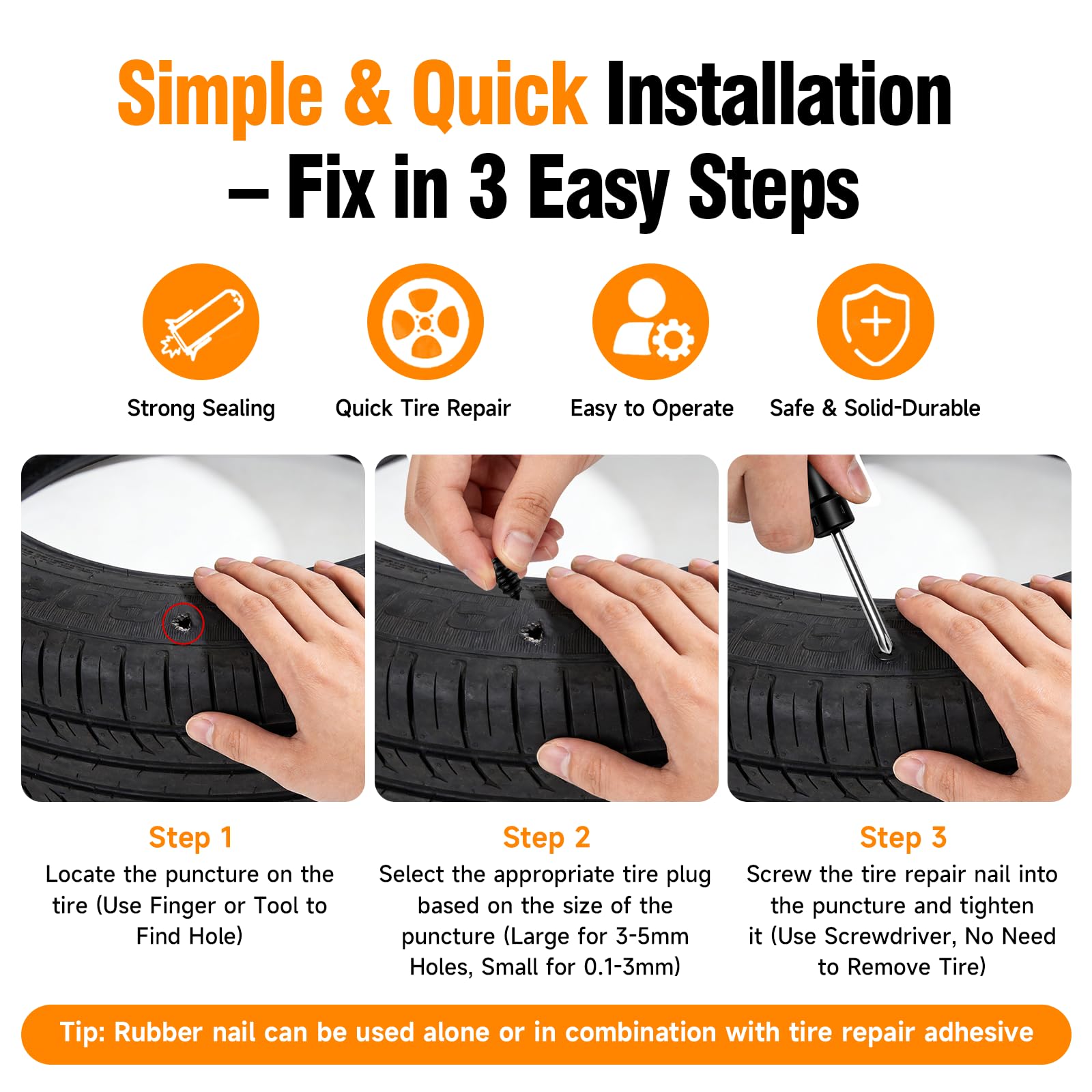 60Pcs Tire Repair Rubber Screw Kit, Dual Size (Small & Large) Rubber Nail Plugs for Car, Motorcycle, Truck, Tractor – Fast Self-Service Tool for Vacuum Tire Puncture Repair, Includes Screwdriver - 5