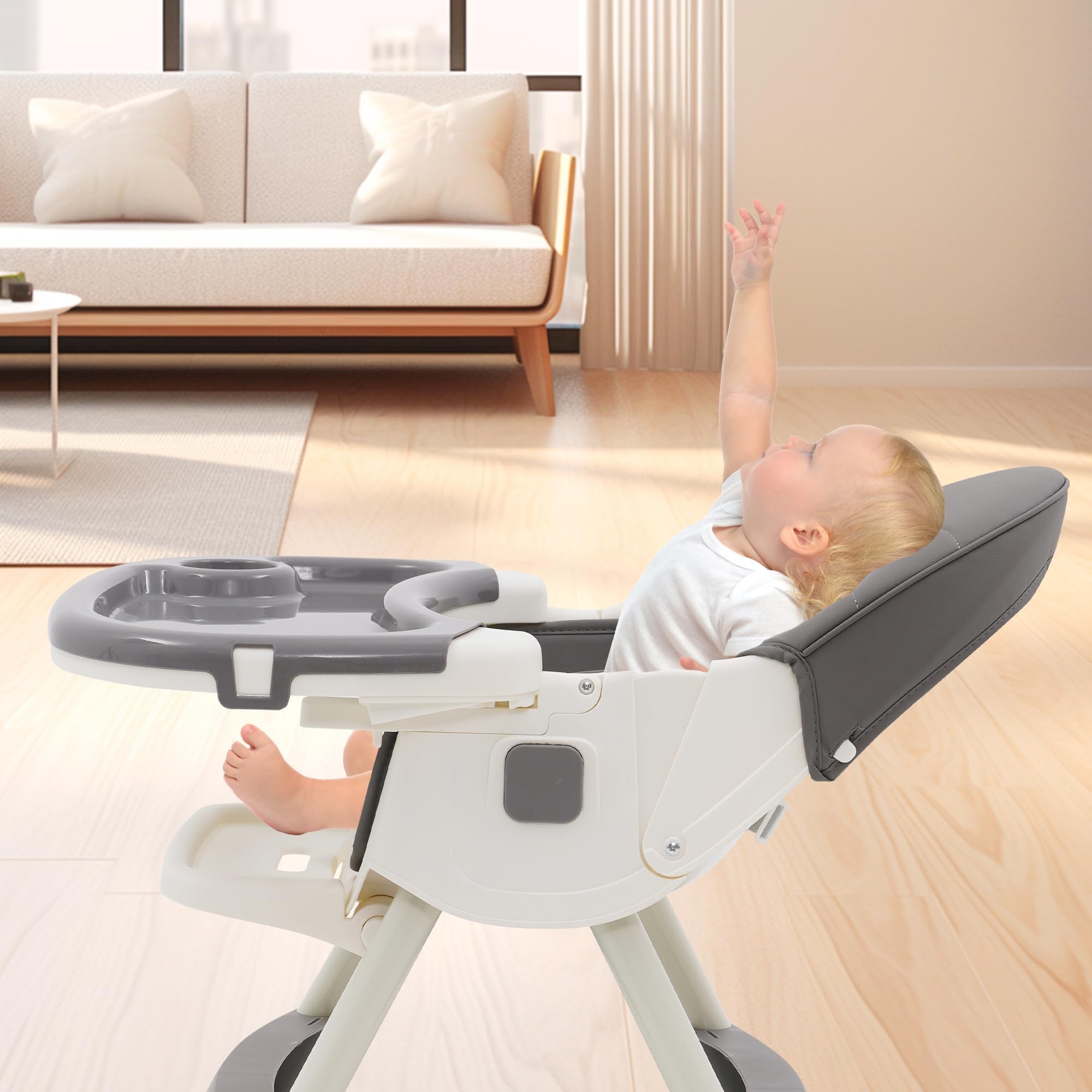 Trona Bebé 3 en 1 Plegable - 3 Posiciones Reclinable Con Ruedas, Doble Bandeja Extraíble, Asiento Reposapiés, Altura Regulable - Para Bebés 6+ Meses, Gris