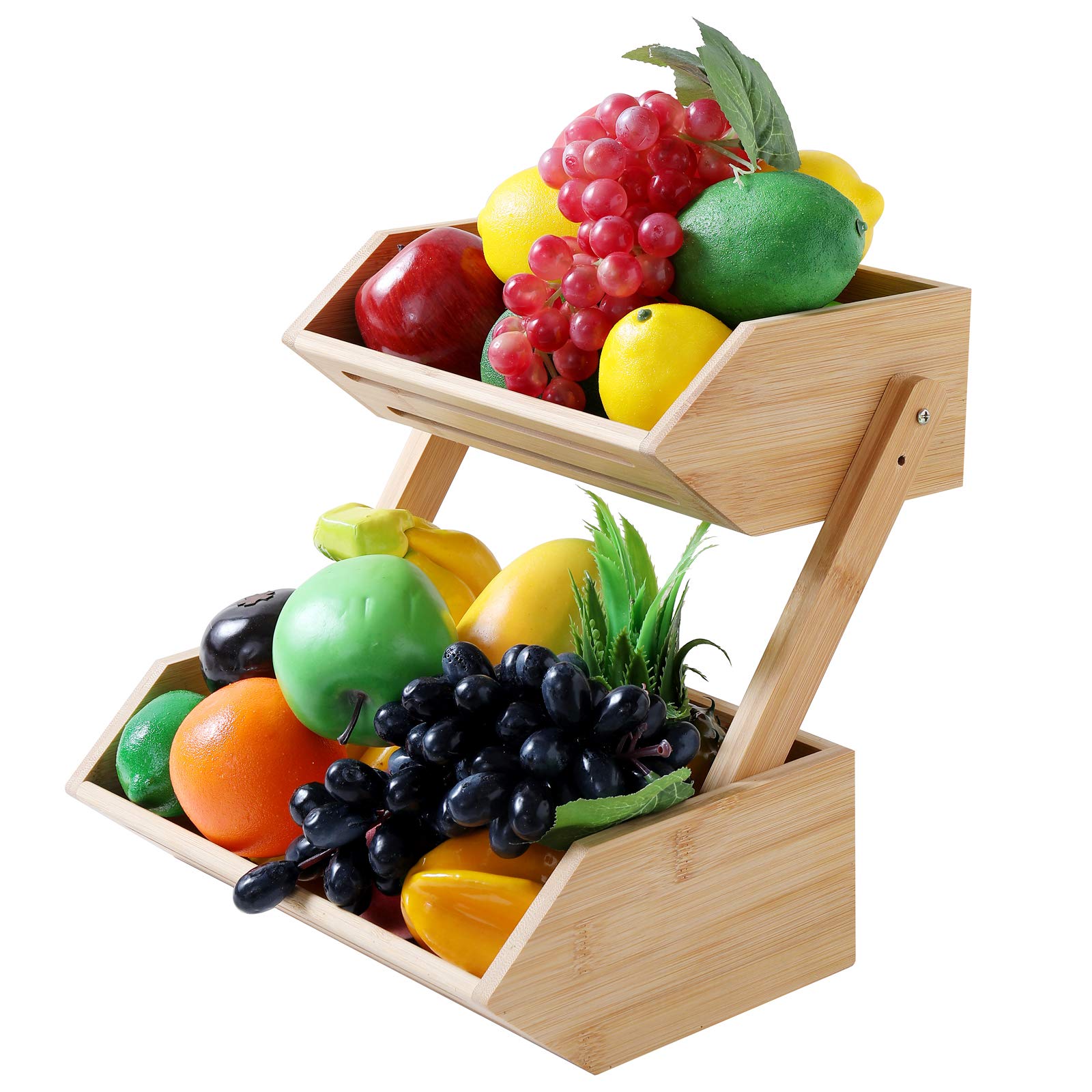 WELLAND Countertop Fruit Basket Bowl for Kitchen Dining Table, 2 Tier Bamboo Bread, Vegetable, Snack Storage