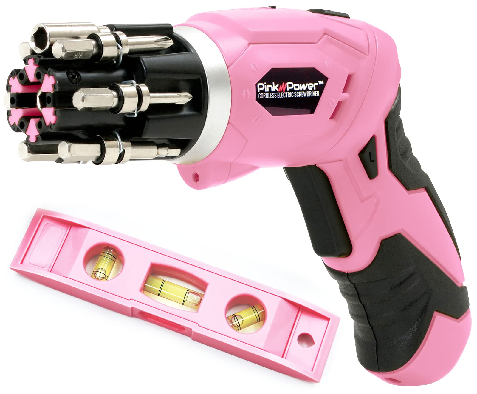 Pink Power Cordless Electric Screwdriver Set - 3.6V Rechargeable Pink Cordless Screwdriver Set for Women with Bubble Level and LED Light - Small Screw driver with Pivotal Handle and Fold-Out Bits