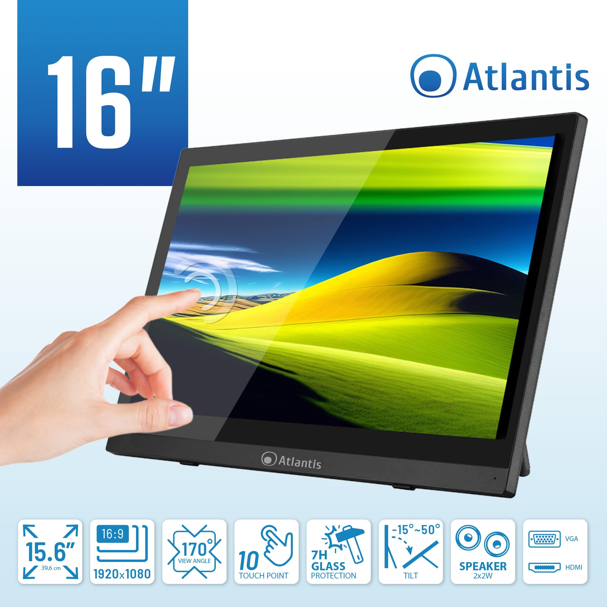 Atlantis Monitor Touch 16 pollici Full HD a 10 tocchi, inclinabile | FHD 1920x1080, HDMI/VGA, inclinazione 15°-50°, vetro protettivo 7H, contrasto 800:1, VESA 75, cod. A05-T16A-VHM