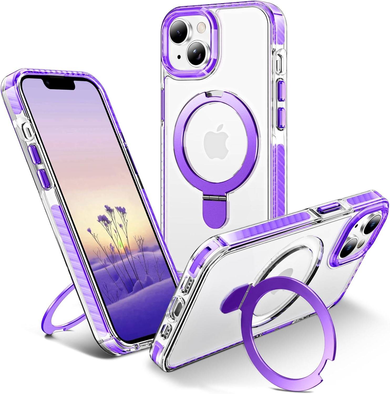 UMIONE for iPhone 13/14 Magnetic case with Stand and Finger Ring, Compatible with magsafe, Shockproof Transparent Hard Plate, Full Body case, Universal for Boys and Girls 6.1 - Purple