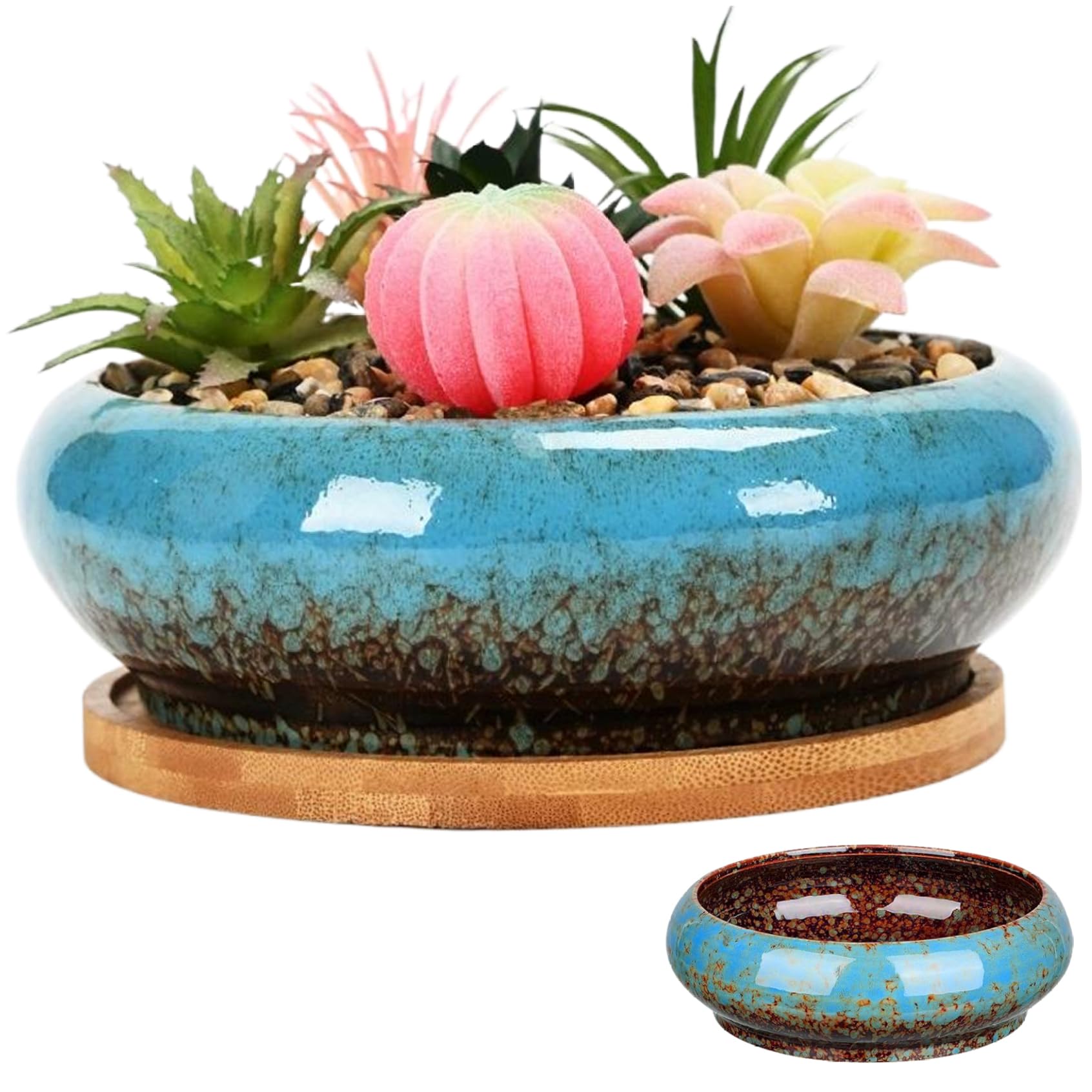 Wedhapy Bowl Planter Lotus Bowl Planter Ceramic Glazed Lotus 7x2in Round Decorative Shallow Hydroponic Without Drain for Water Lily, Blue