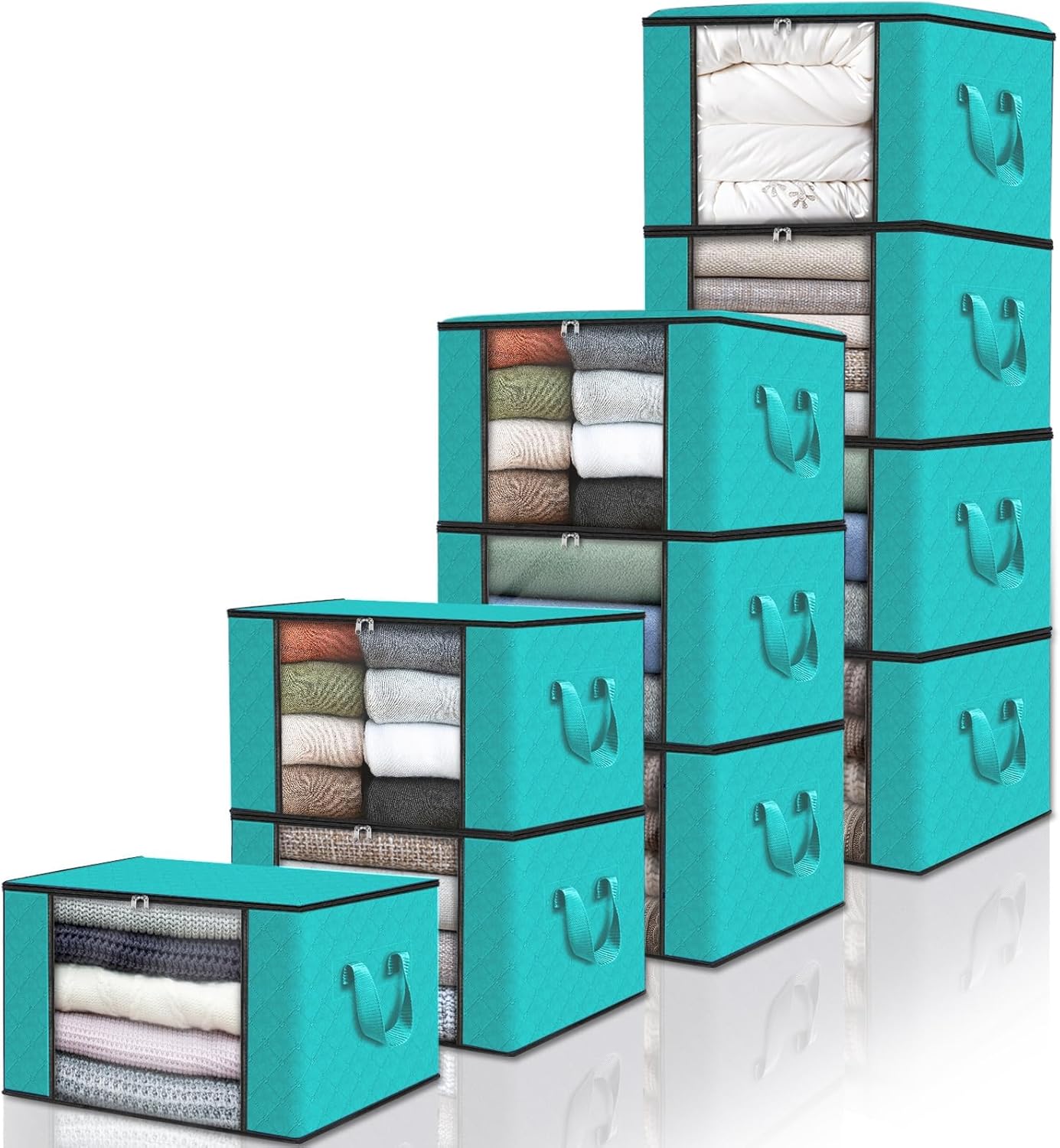 Fab totes 10 Pack Clothes Storage, Foldable Blanket Storage Bags, Storage Containers for Organizing Bedroom, Closet, Clothing, Comforter, Organization and Storage with Lids and Handle, Green