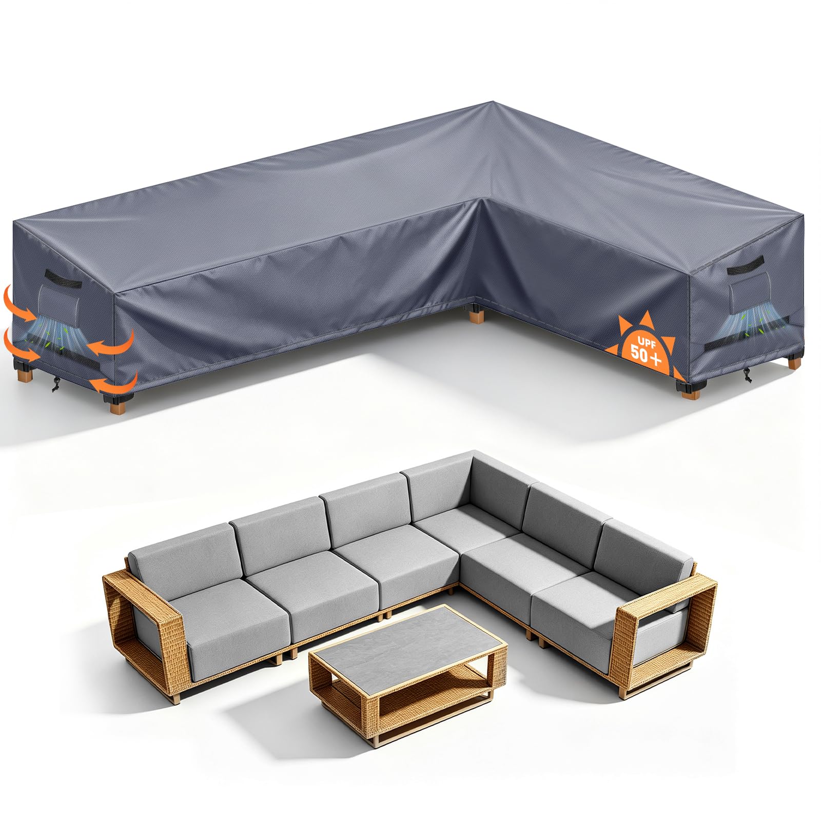 Garden L-Shape Furniture Corner Sofa Cover Waterproof, 260x210x90x80/65cm