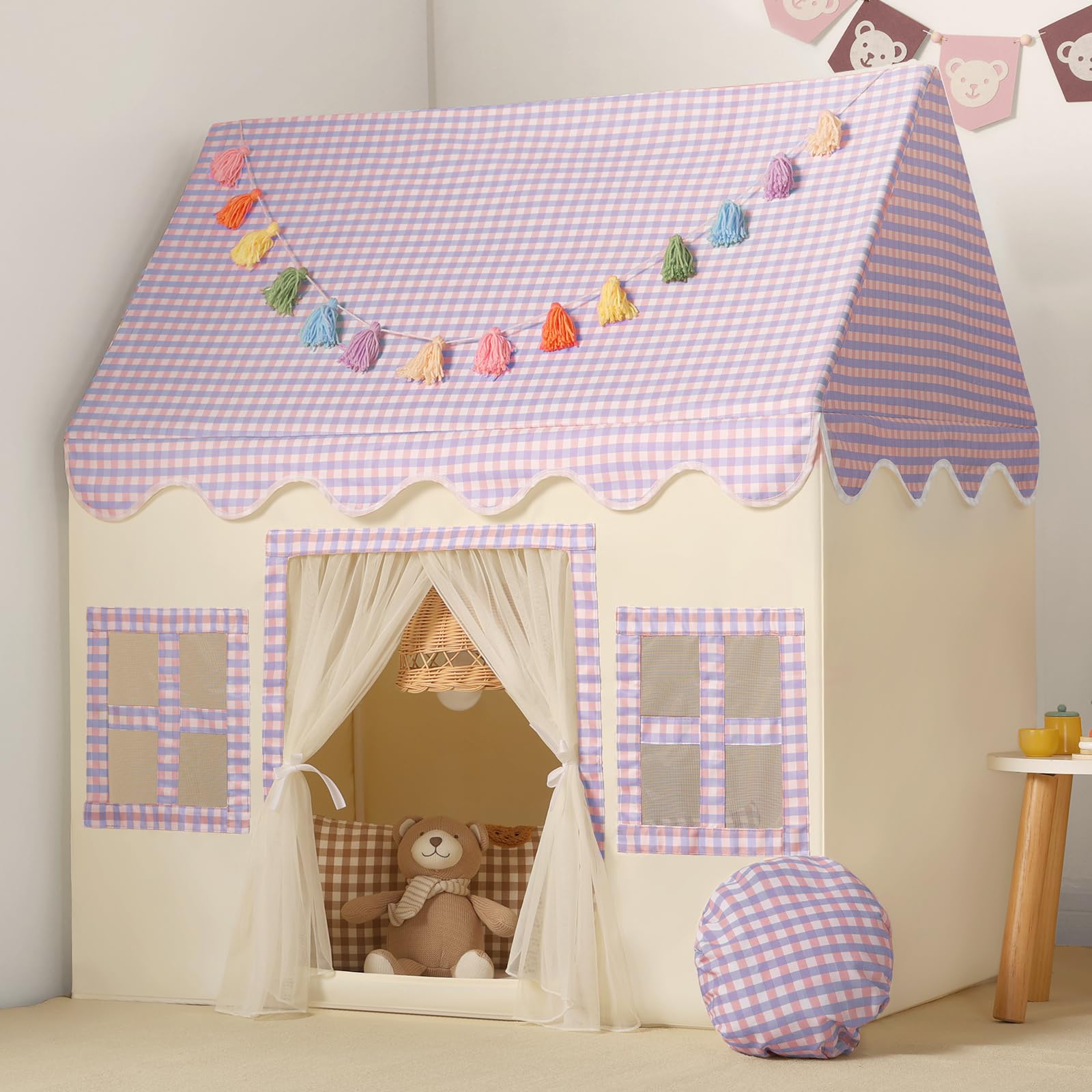 Wilwolfer Tenda da Gioco con Tappetino Morbido: Casa Giardino per Bambini - Tenda da Esterno e Interno - Casa con Ghirlande di Nappe per Piccoli - 67.5 D× 97 W × 107.5 H cm