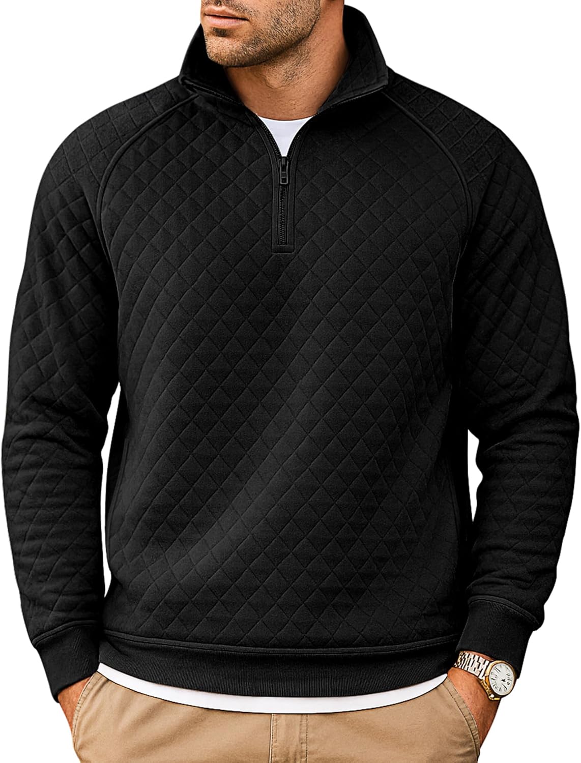 COOFANDY Mens Quarter Zip Pullover Quilted Sweatshirt Knit Long Sleeve Sweater Half Zip Polo Sweatshirts with Pocket