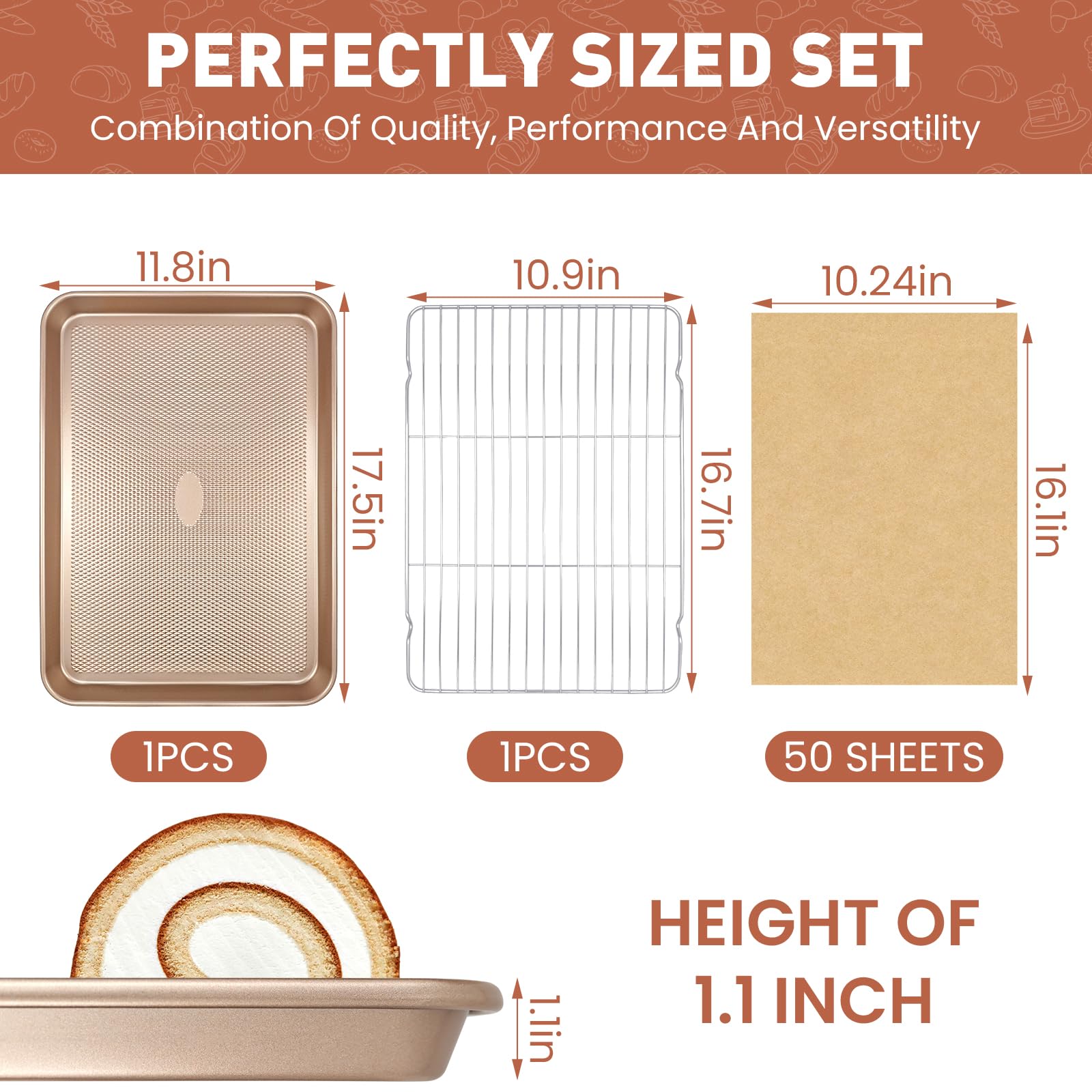 1 Packung 43,2 cm Backblech-Set mit Gestell und Pergamentpapier (1 Pfanne + 1 Gestell + 50 Papier), antihaftbeschichtetes Backblech mit Lebensmittelkühlgitter, strapazierfähig und