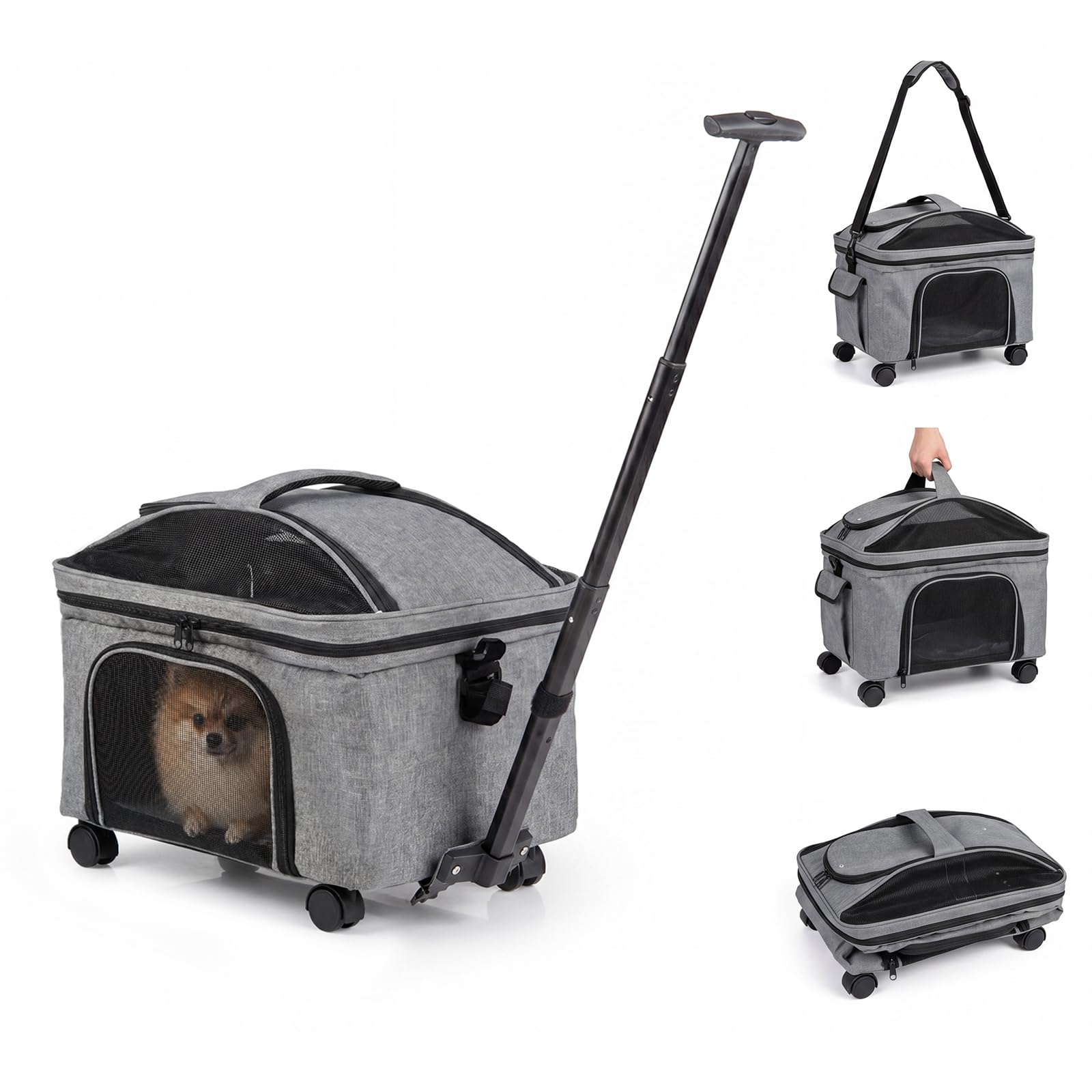 COSTWAY Transportín para Mascotas con Ruedas y Asa Telescópica | 33 x 43 x 35 cm Transportin para Perros y Gatos con Correa para Hombro, Alfombra Lavable, Ventanas Transpirables, Cremalleras