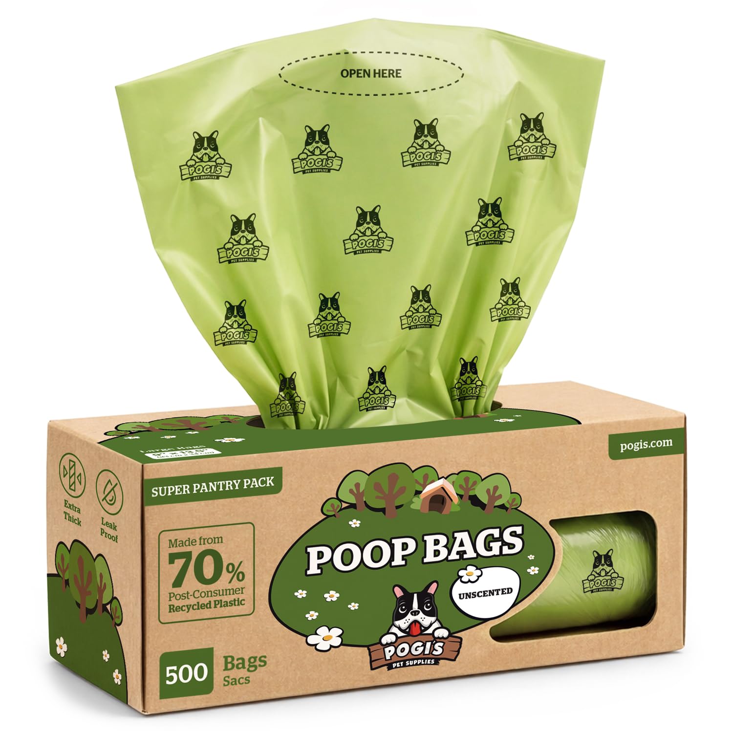 Pogi's Dog Poo Bags – Large, Leak-Proof Dog Waste Bags for Yard or Home Use, Unscented (Single Roll, 500-Count)