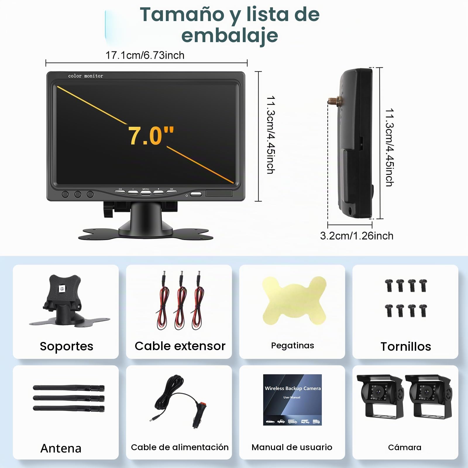 Camara Marcha Atras, 2 Cámaras Visión Trasera Inalámbrica Gran Angular con Visión Nocturna Impermeable Cámara Trasera Coche, Kit de Monitor 7 Pulgadas para Camiones, Furgonetas, Vehículos Remolque