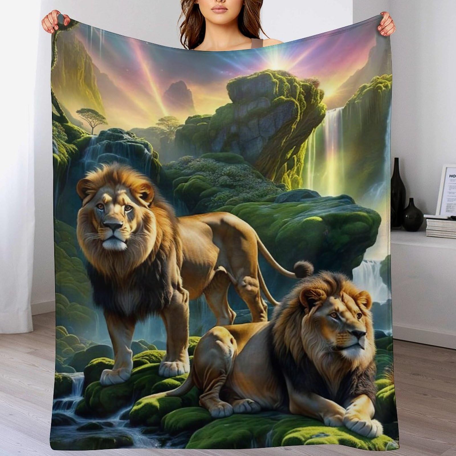 Couverture en flanelle lion polaire contre le froid sur lit et canapé-lit