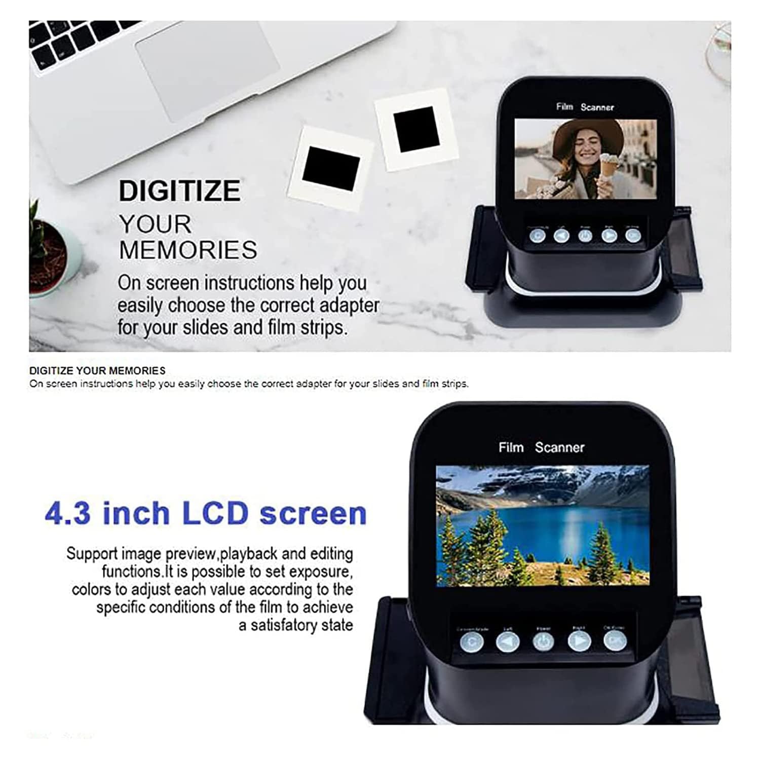 Scanner per pellicola, Scanner digitale per diapositive con schermo LCD da 4,3", 22 megapixel, supporta formati di pellicola da 35 mm, 127 e 126, scansioni positive e negative, bianco e nero