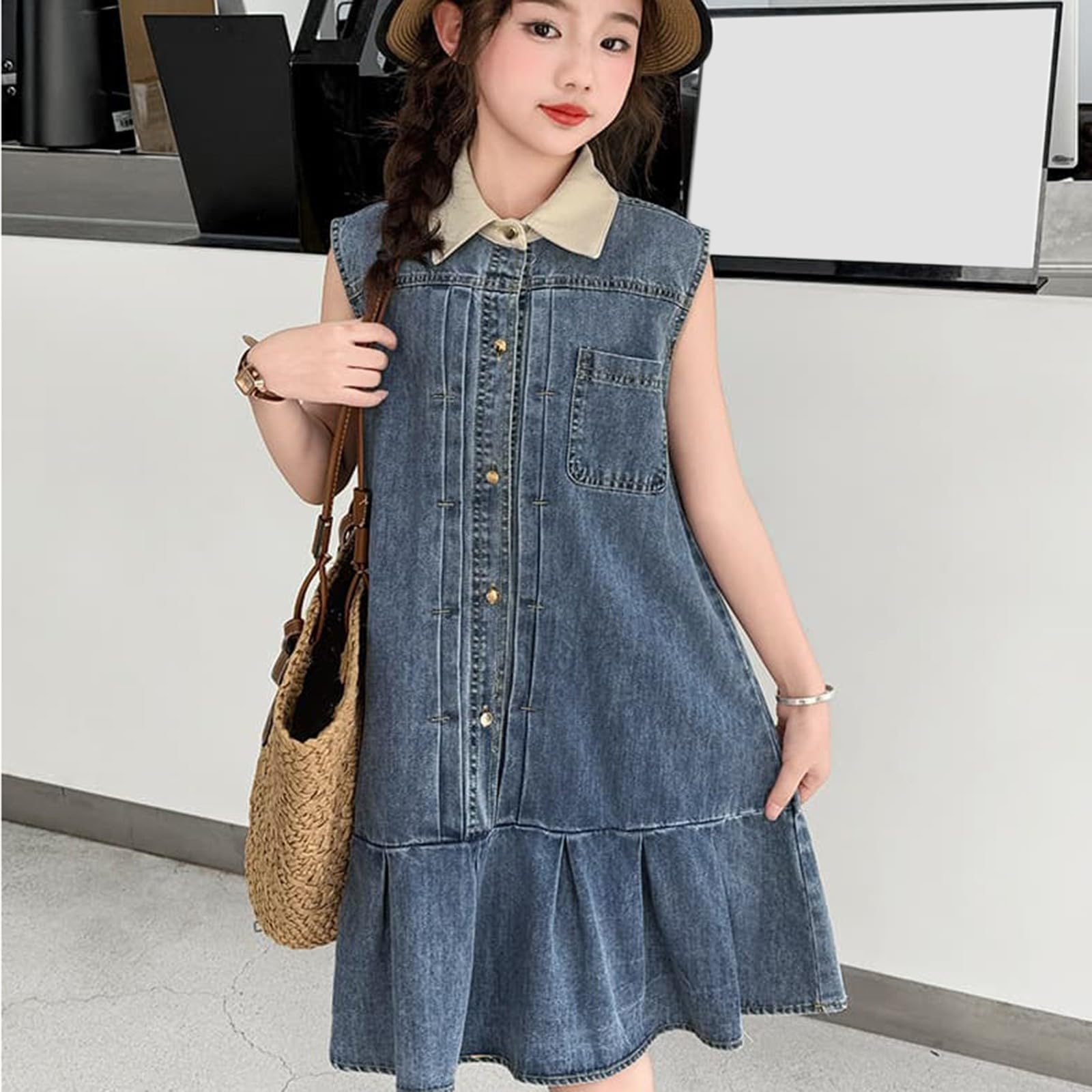 Vestido vaquero para niña, vestido de verano, sin mangas, con volantes, vestido de línea A, vestido para el tiempo libre, vestido de cumpleaños, elegante, suelto para el día a día