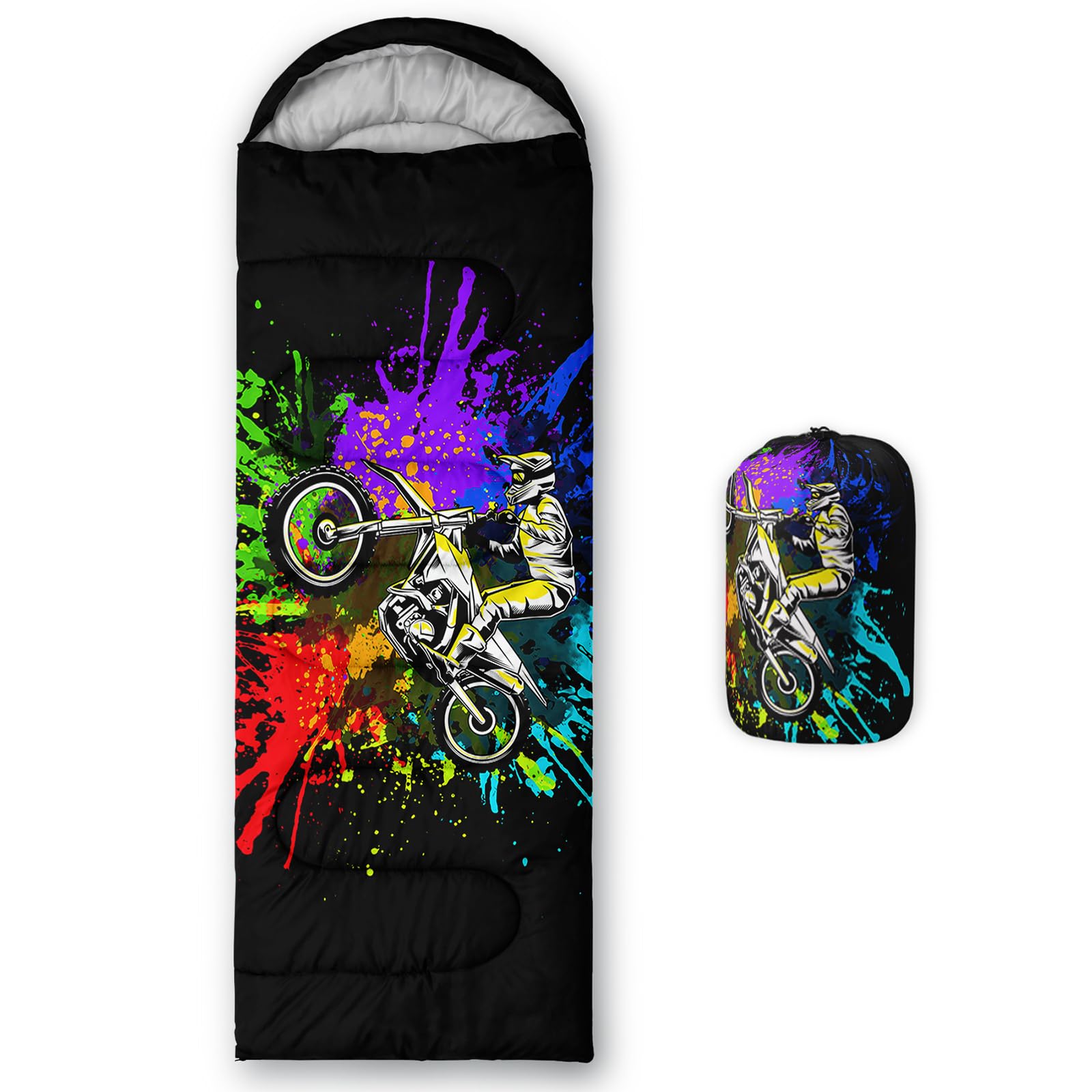 QOOMO Tie Dye Motocross Printed Camping Sleeping Bags,3 Season Warm & Cool Weather,Lightweight,Waterproof Sleeping Bags for Adults & Kids,Traveling,and Outdoors,Camping Gear Equipment,31x90inch