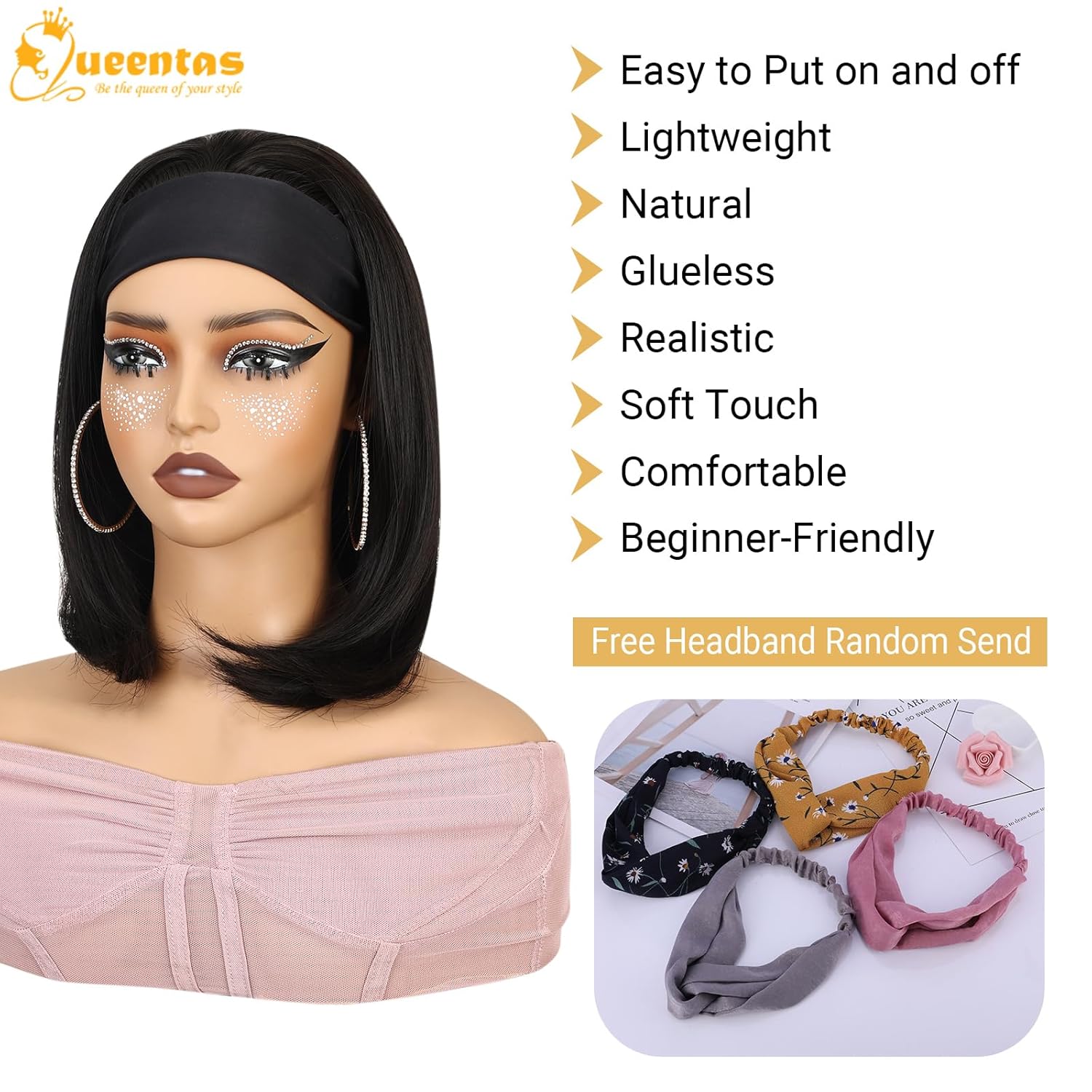 QUEENTAS 13" Bob Headband Wigs for Black Women Bob Straight Hair Synthetic Headband Wigs Shoulder Length Easy Put On and Go Glueless Wig(Natural Black)