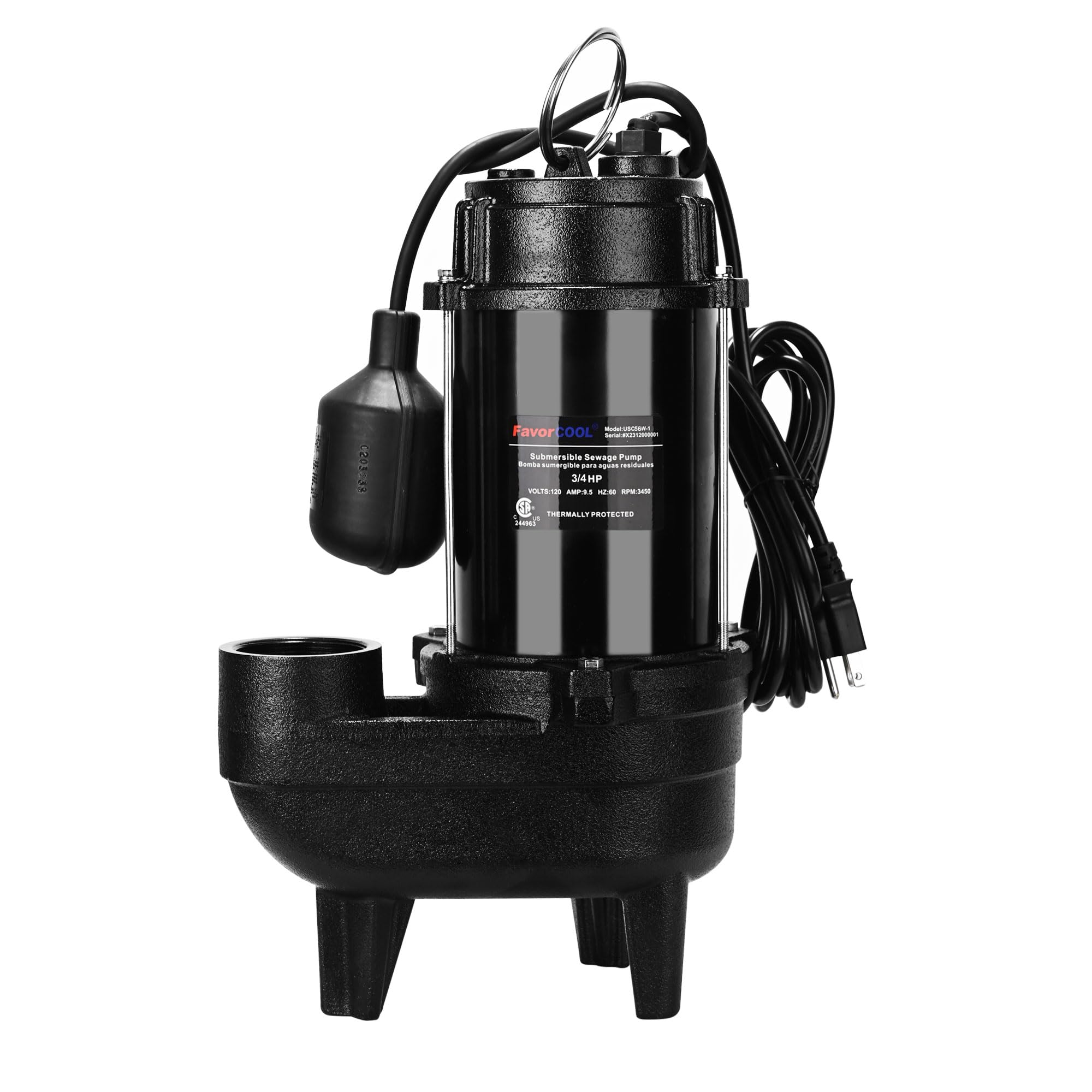 3/4 HP Submersible Sewage Pump, 6400 GPH Sewage Ejector with Piggy Back Tether Float Switch &amp; 2'' NPT discharge, Cast Iron Sewage Pump for Basin, Basement, Residential Sewage