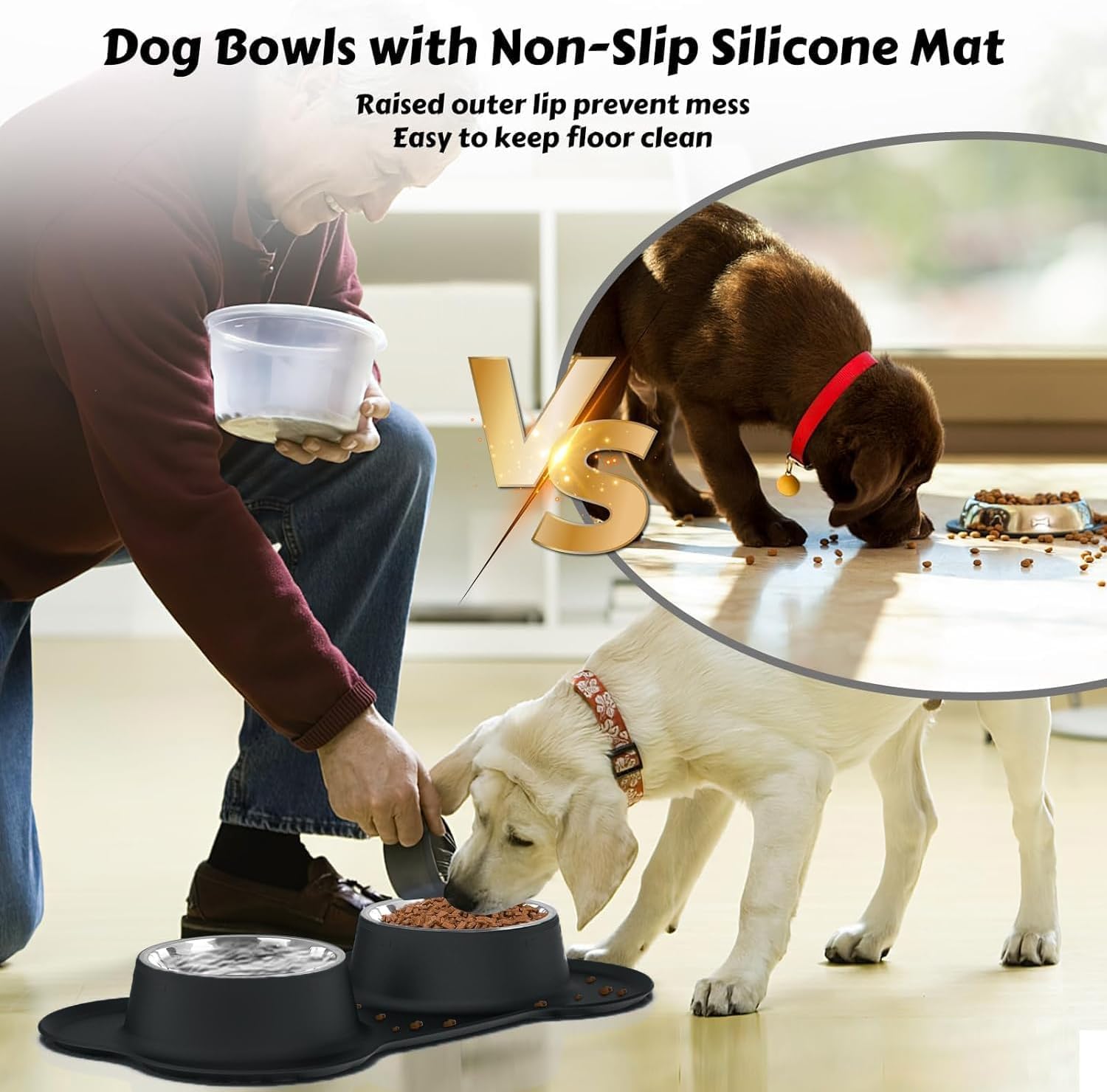 Ciotola per Cani,Doppia Ciotole in Acciaio Inossidabile,Ciotola Cane con Tappetino in Silicone,Facile da Pulire,Bowl Doppia per Cani e Gatti di Piccola e Media Taglia