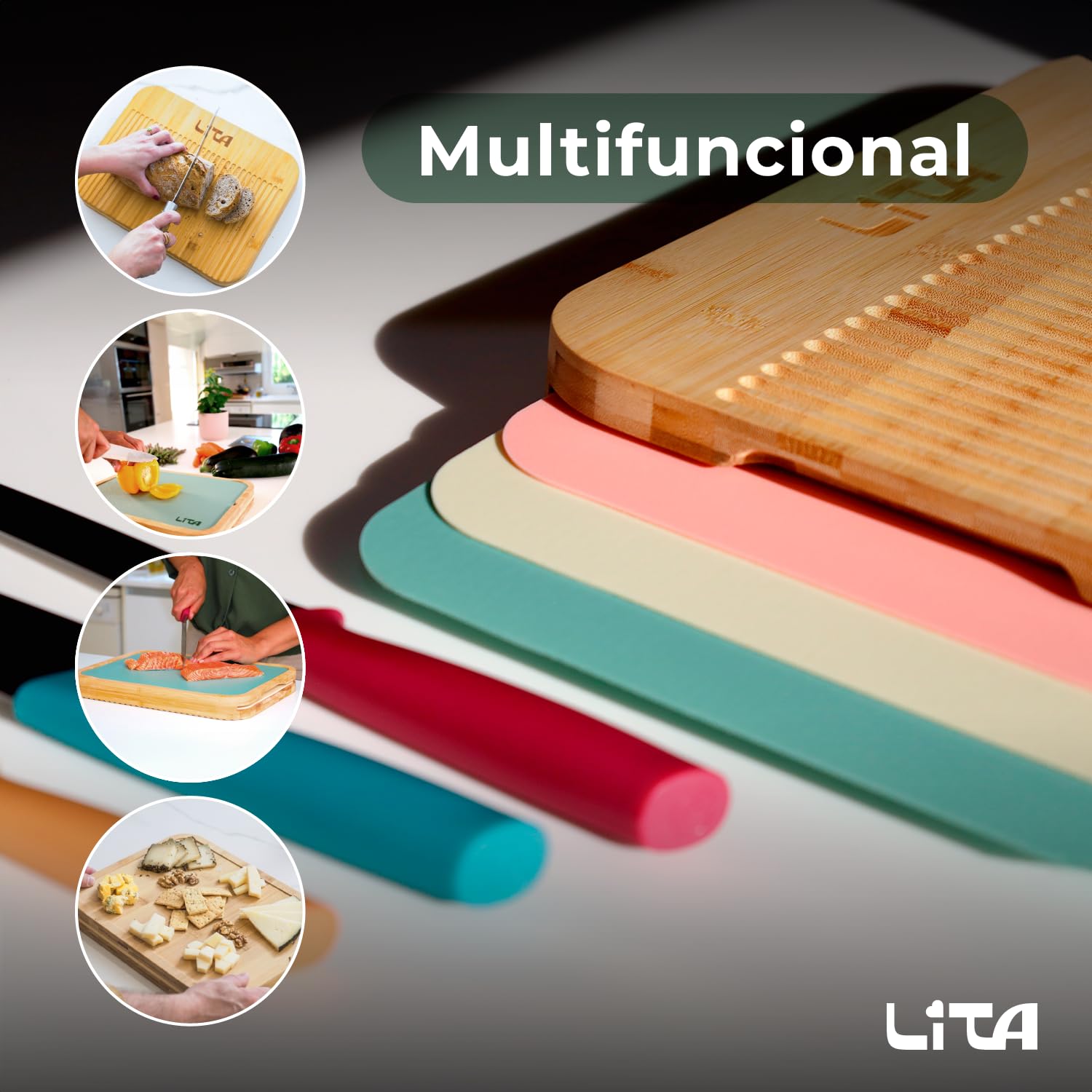 LITA Tabla de Cortar de Bambú Antibacteriana 36,5 x 27 x 4 cm, Doble Cara con 3 Alfombrillas Intercambiables, Tabla de Cocina para Carne, Pescado, Verduras y Pan, Libre BPA