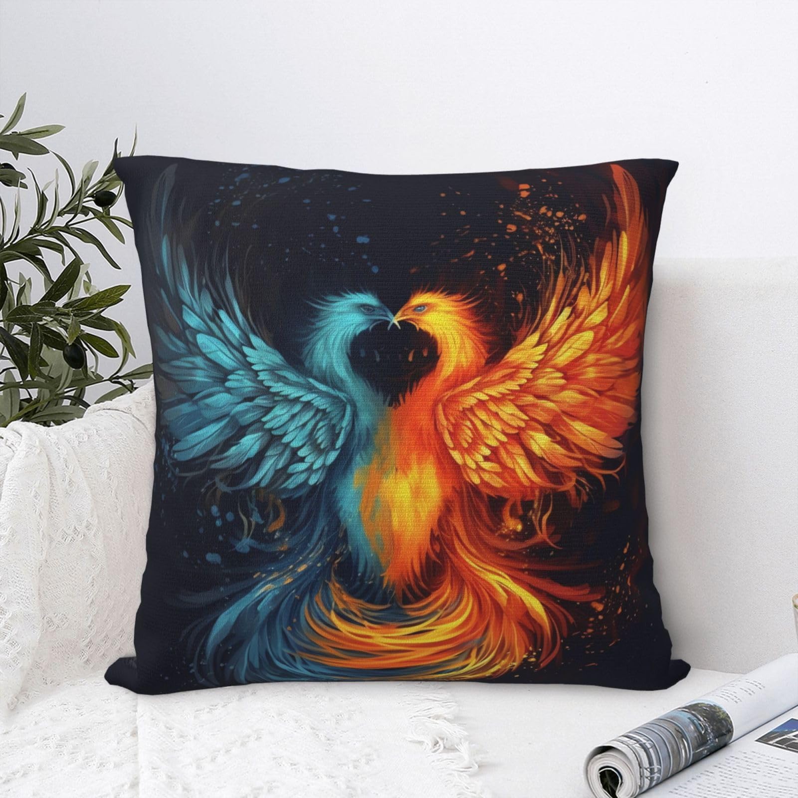 Luxury Velvet Throw Pillow Covers 24"x24" Super Soft Decorative Pillow Cases - Fire and Water Phoenix Pillowcases Modern Lumbar Cushion Cases for Couch Sofa Bed Pillow Shams