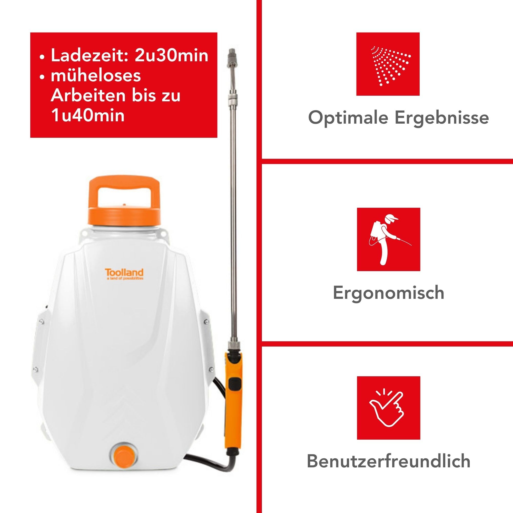 Toolland Elektrischer Rückensprüher 12L, wiederaufladbare Gartenspritze mit Lithium Akku, Teleskoplanze, verstellbare Düse, automatische Pumpe, Pflanzensprüher, Unkrautsprüher