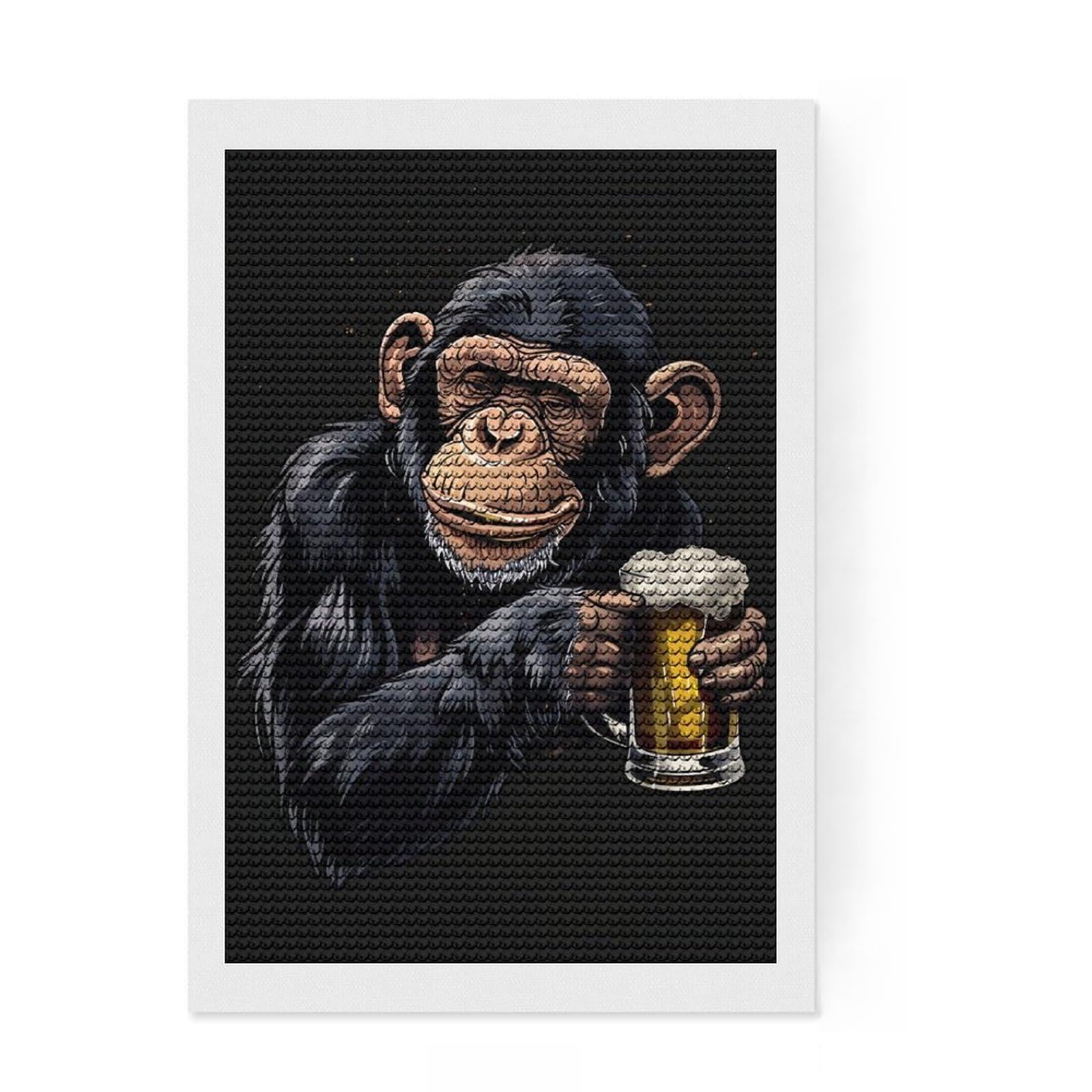 Junmoney Chimpanzee Beer Diamond Art Kit 8"x12", Stress Relief Craft, Easy to Follow Symbols, Living Room Decor, Birthday Gift