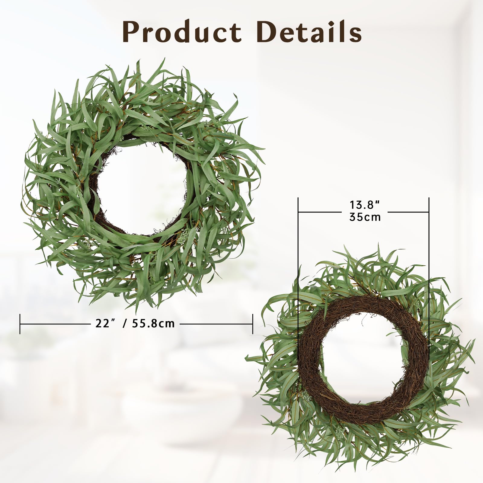 Couronne artificielle d'eucalyptus 61 cm - Couronne de feuilles vertes - Pour porte, mur, festival, fête, cheminée, fenêtre, décoration de fête