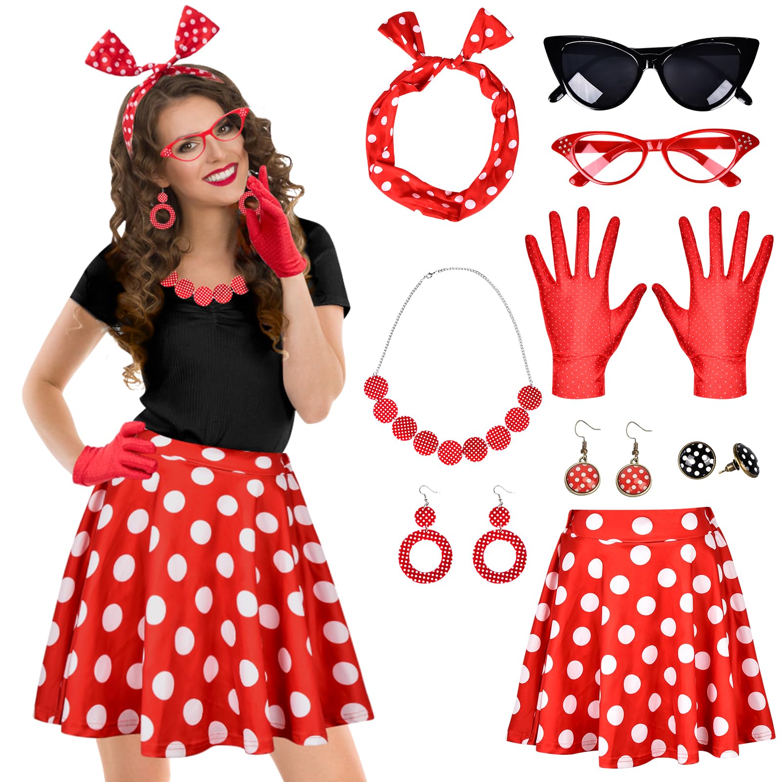 Aragallant 9 Piezas 50s Accesorios de Disfraz Traje, 50s Accesorios Mujer Retro Falda Lunares Bandana Gafas de Ojo de Gatos Guantes Collares Pendientes, Vintage Accessories Carnaval Fiesta