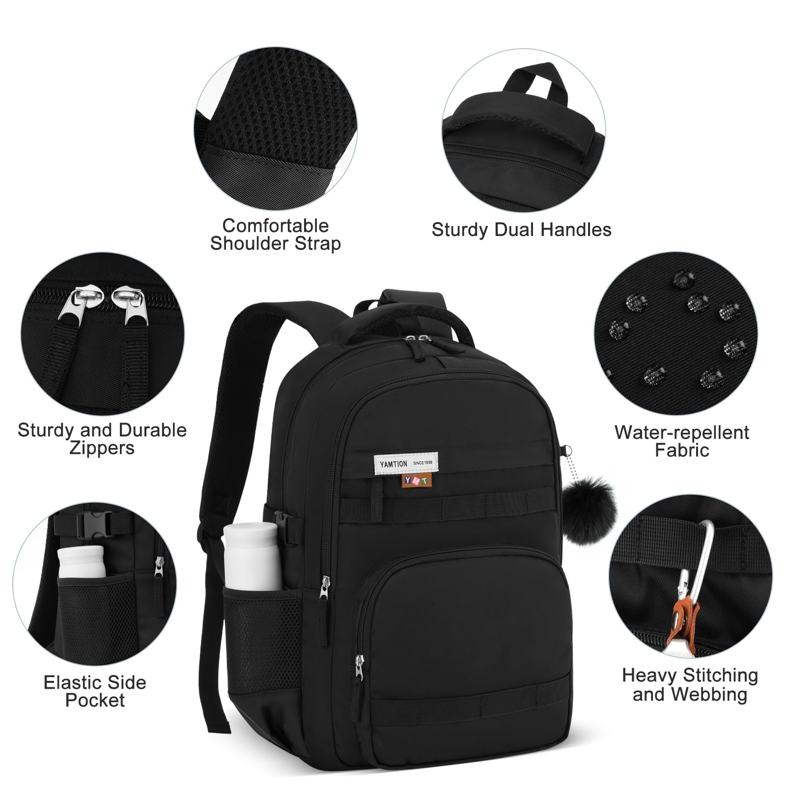 YAMTION Sac à dos noir pour homme et femme, sac à dos de voyage pour ordinateur portable de 15,6", sac d'école avec grande capacité, sac à dos décontracté pour adolescents, garçons et filles, collège