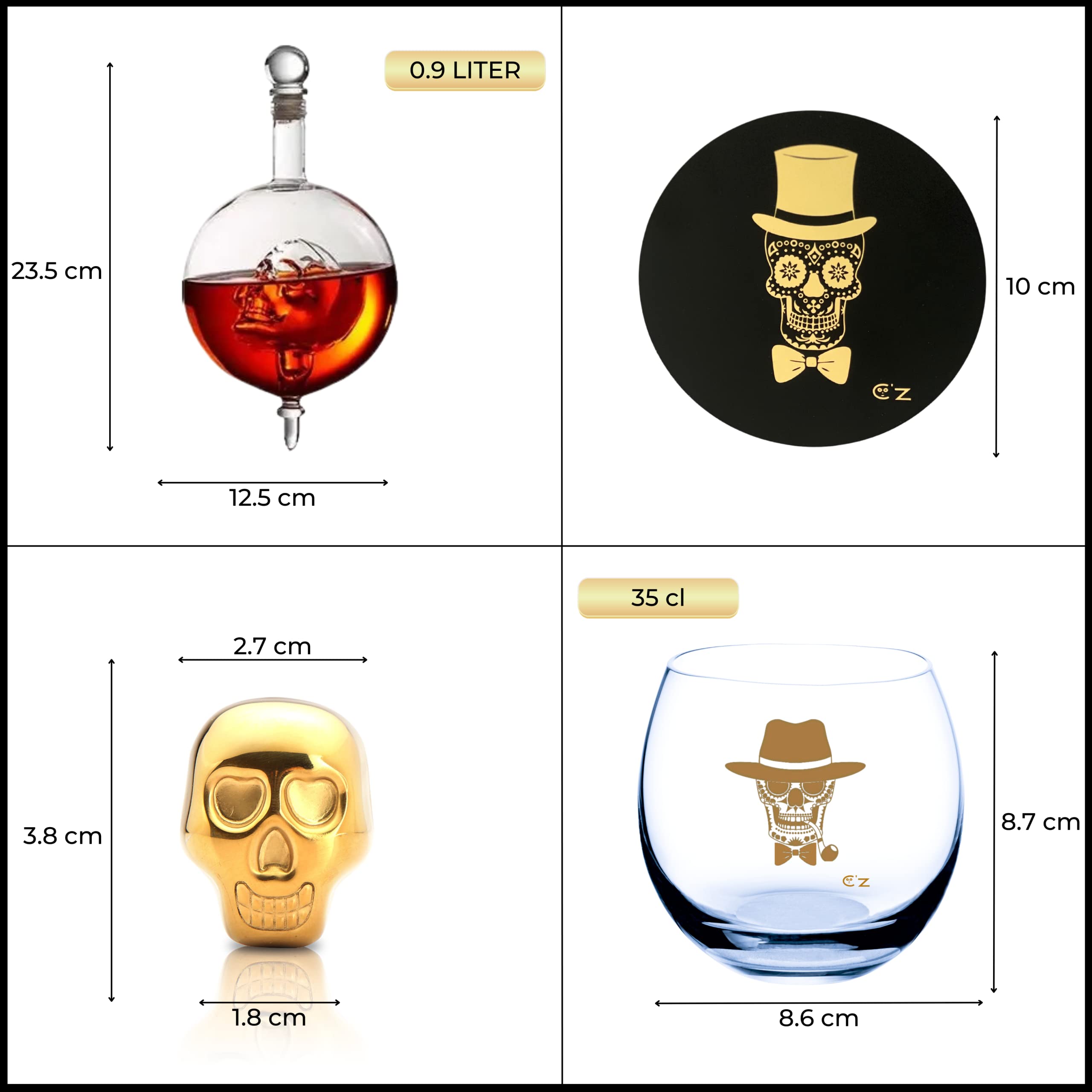 Jarra de whisky - Juego de decantador de whisky de lujo - 0,9 L - Incl. 4 piedras de whisky de calavera dorada - 4 vasos de whisky - 4 posavasos únicos - Regalo único