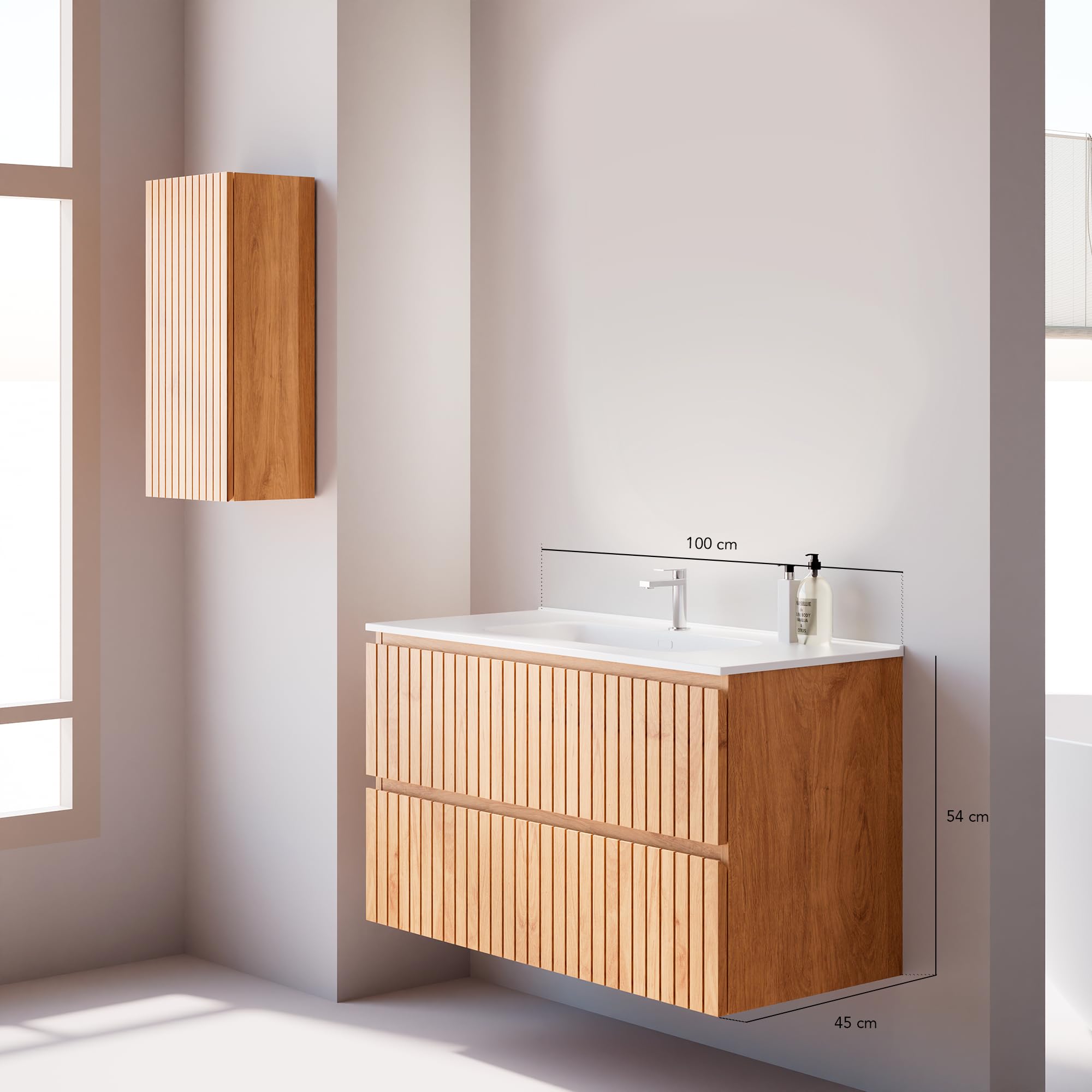 Conjunto Mueble Baño Tiger 100 cm Roble Nórdico con Encimera Cerámica Blanca Brillo, Lavabo Incluido, 2 Cajones Soft Close, Diseño Suspendido, Gran Almacenaje práctico y Funcional