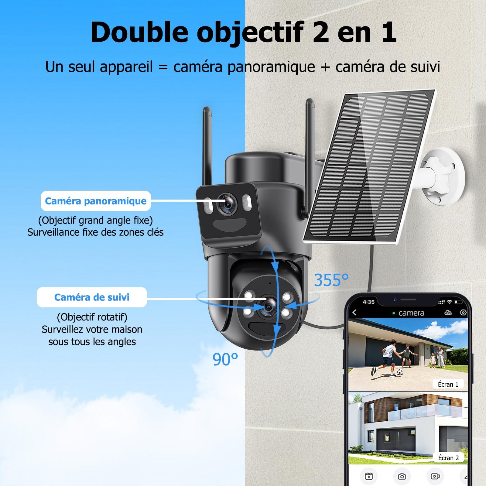 4K Camera Surveillance WiFi Exterieure sans Fil,Camera Solaire/Batterie/Double Objectif,caméras de surveillance Audio Bidirectionnel,360°PTZ Sécurité à Domicile,Suivi Automatique,Vision Vocturne - 2