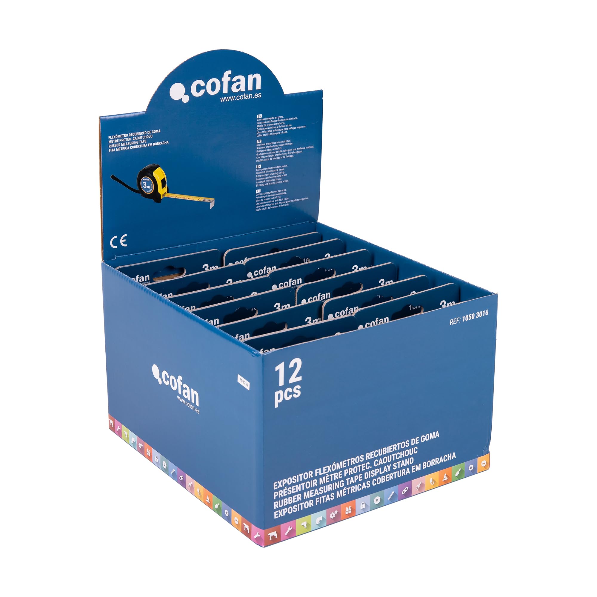 Cofan Espositore per flessometri con protezione in gomma di Cofan | Include 12 flessometri | Flexometro 3 m x 16 mm (foglia) | Misura espositore: 21,8 x 24,5 x 15,3 cm